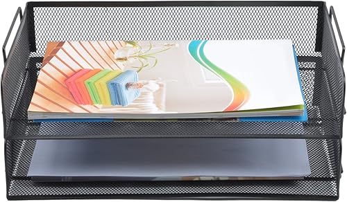 Miniatura 3 de EASEPRES Paquete de 2 bandejas apilables de papel de escritorio, de malla metálica, organizador de documentos de cartas para oficina, escuela en
