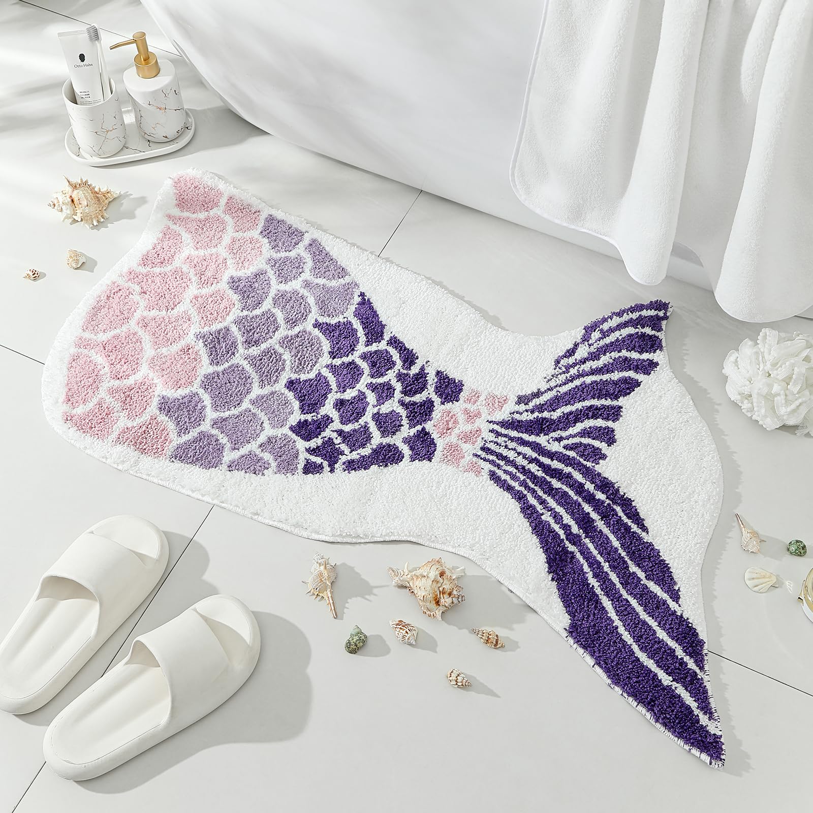 YRXRUS Mermaid Bathroom Rugs, Ocean Decor Bath Mat Gifts, Purple Bathroom Rug, Cute Mermaid Scales Tail Shape Bath Rug for Summer Room Decor, Machine