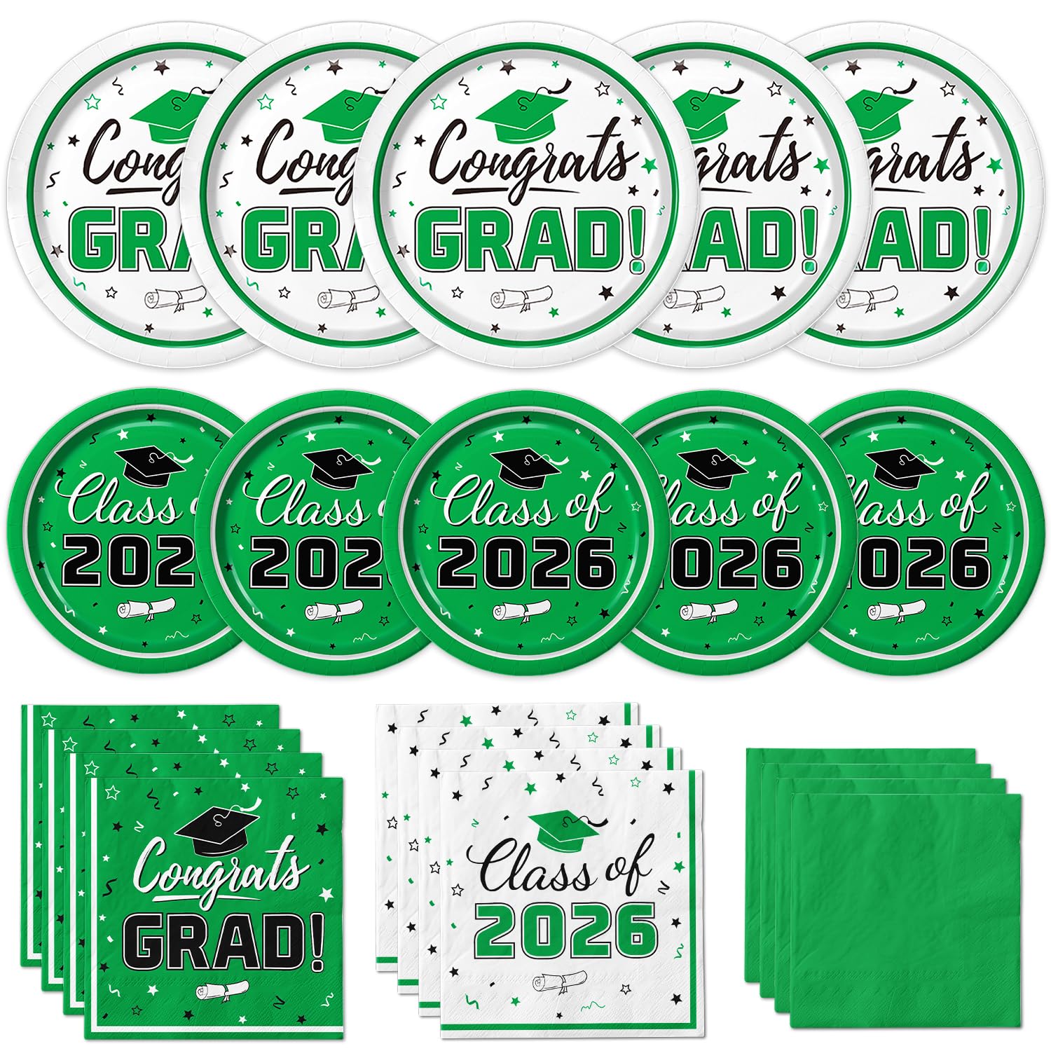 Graduation Party Supplies Kit Serves 50 - Graduation Party Green Class of 2026 Tableware Disposable Dinner Plates Dessert Plates and Napkins for