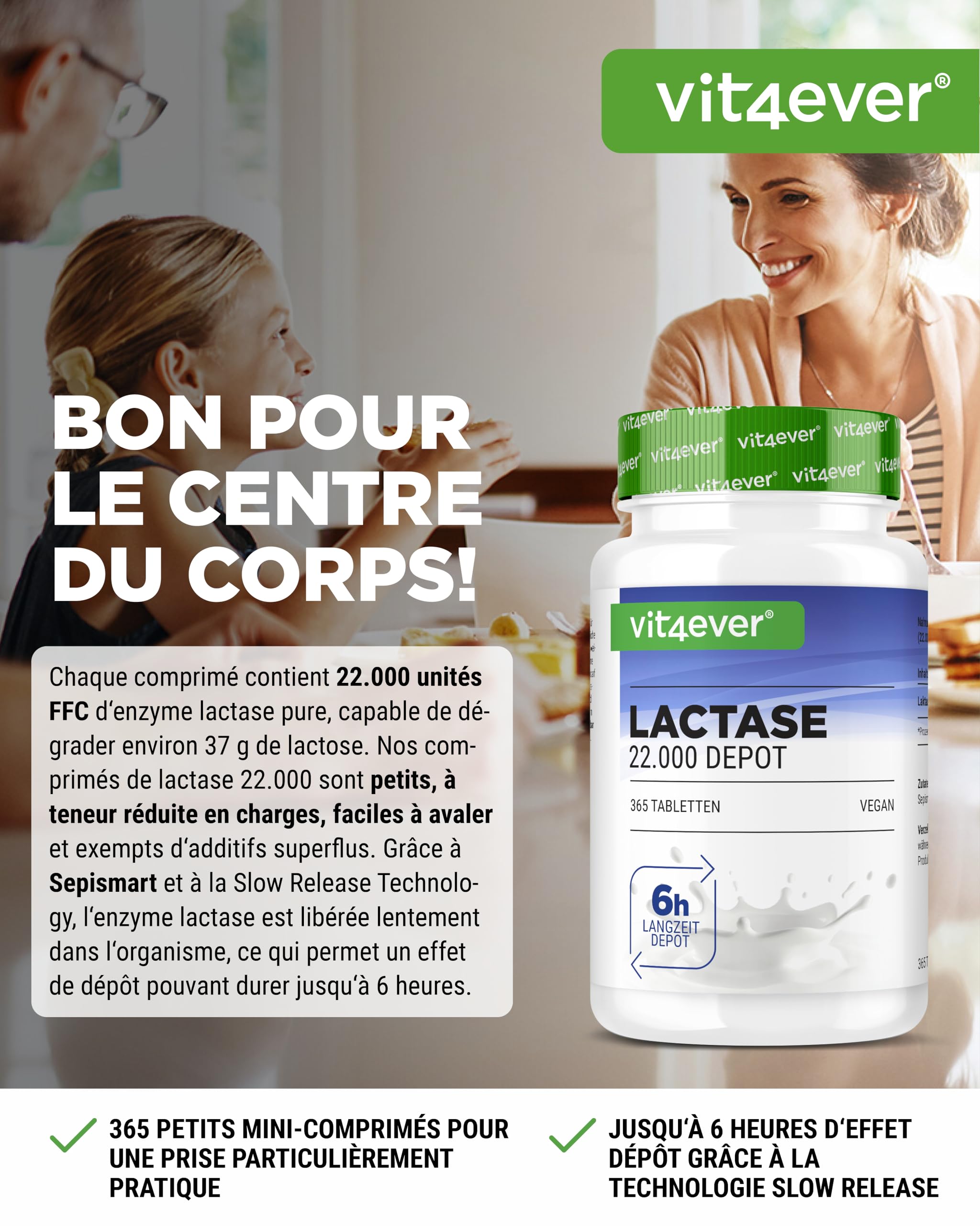 Lactase 22.000 Depot - 365 Comprimés à Libération Prolongée (Sepismart® Slow Release)-Hautement Dosé avec 22.000 Unités FCC-En Cas d'Intolérance au Lactose+Intolérance au Lait-Sans Additifs Inutiles