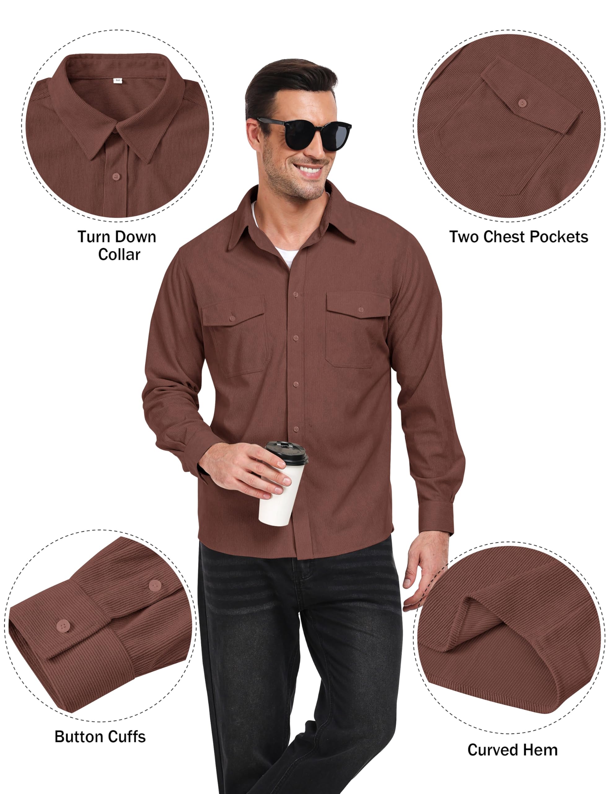 MoFiz Chemise en Velours Côtelé Homme Veste Chemise Boutonnée à Manches Longues Chaude Décontracté Haut Automne Hiver avec Poches