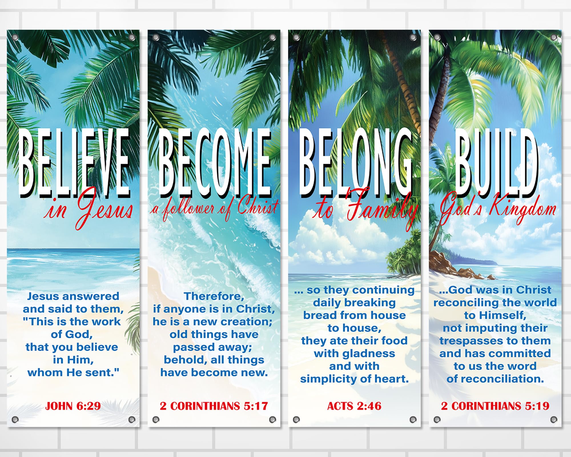 4Pcs Church Banners for Sanctuary Wall Welcome Inspirational Religious Banners Hanging Backdrop Summer Beach Church Porch Signs Bible Verses Banner