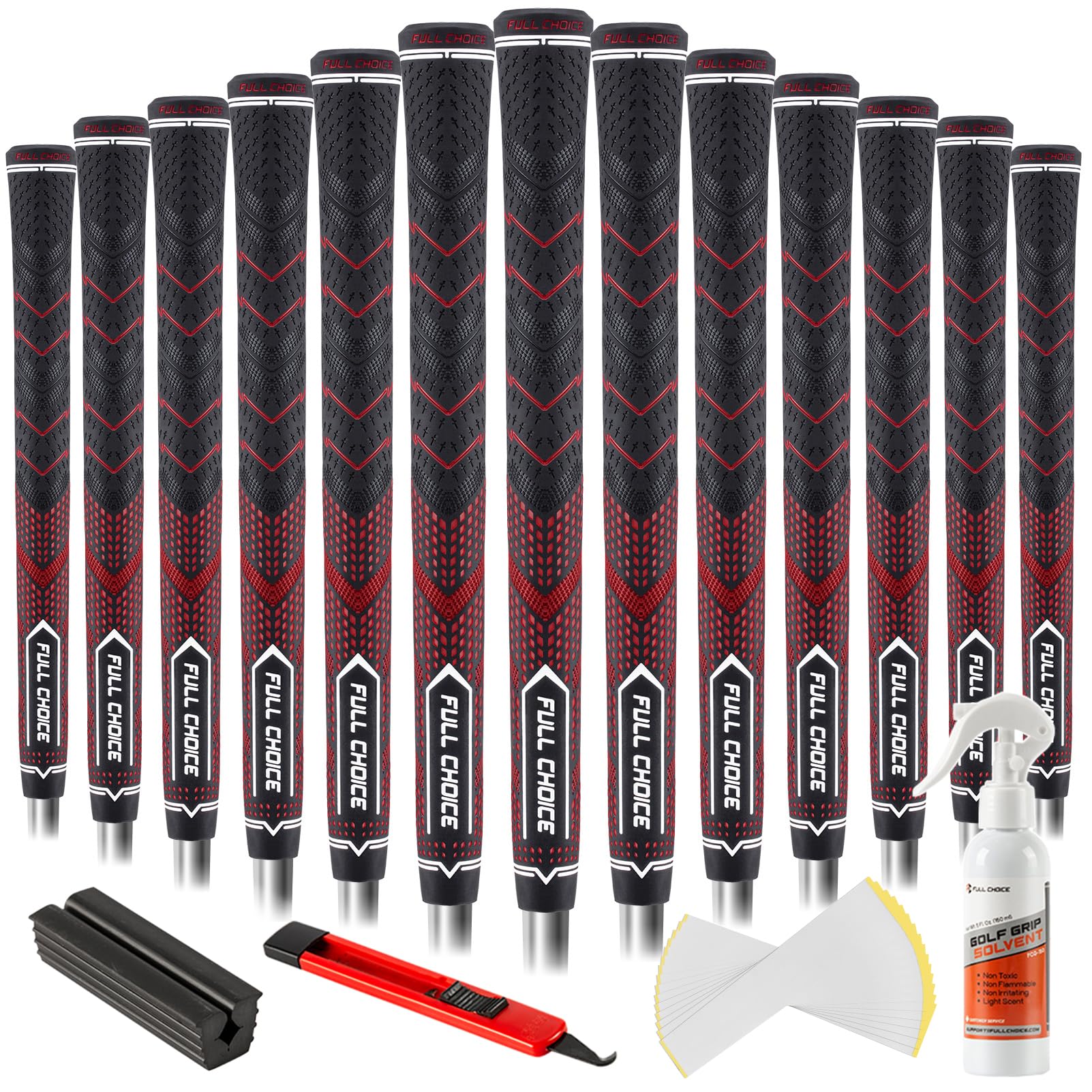 Full Choice Rubber Golf Grips 13 Pack, High Traction and Feedback, Non-Slip, Advanced Texture Control, 13 Grips with Regripping Kits, Red, Standard Size, RG01 Golf Club Grips