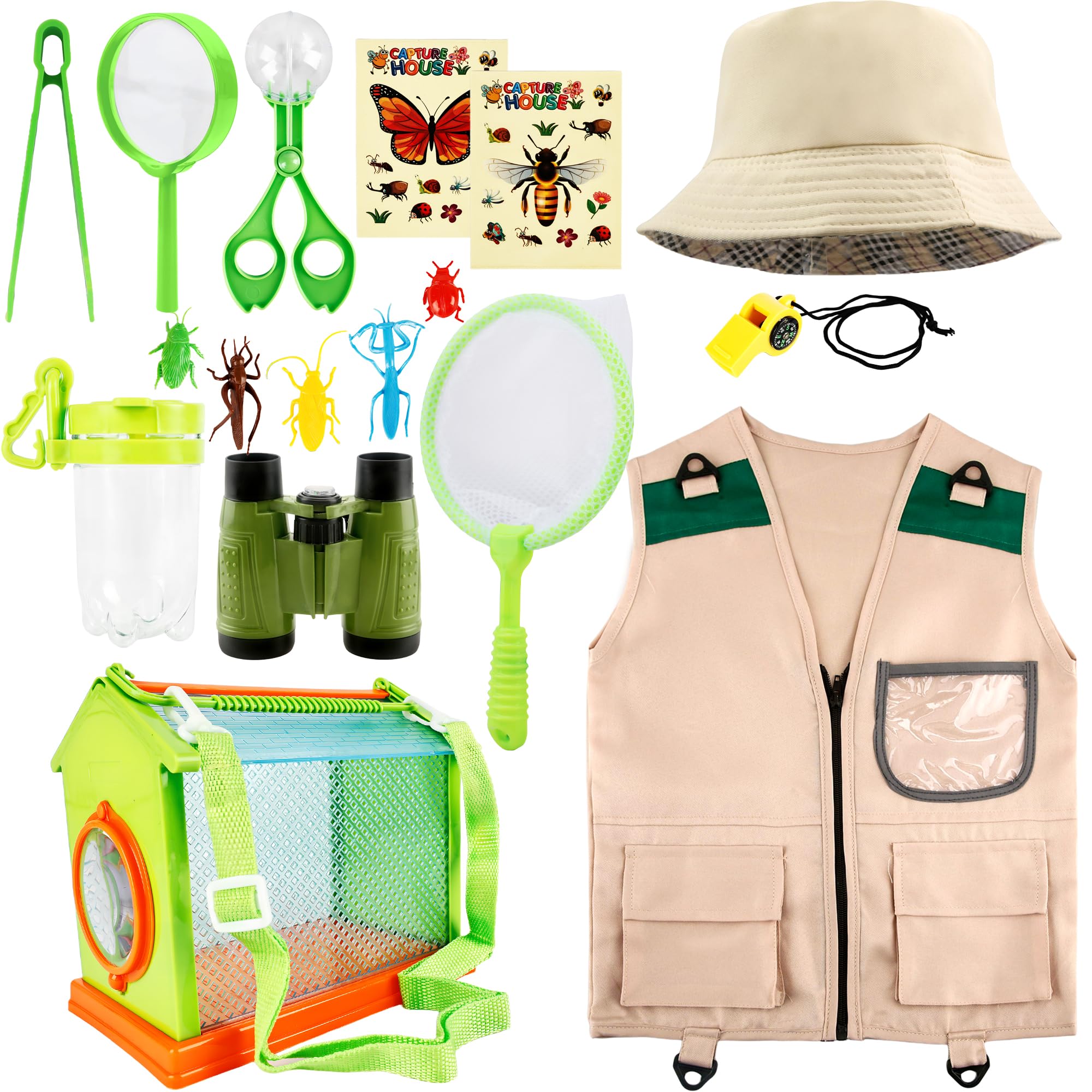 Flotory 17 Pcs Kids Explorer Costume Set Include 1 Adventure Vest 14 Bug Hunting Tools Kit1 Hat 1 Green Binoculars for Boys Girls Outdoor Educational Jungle Safari