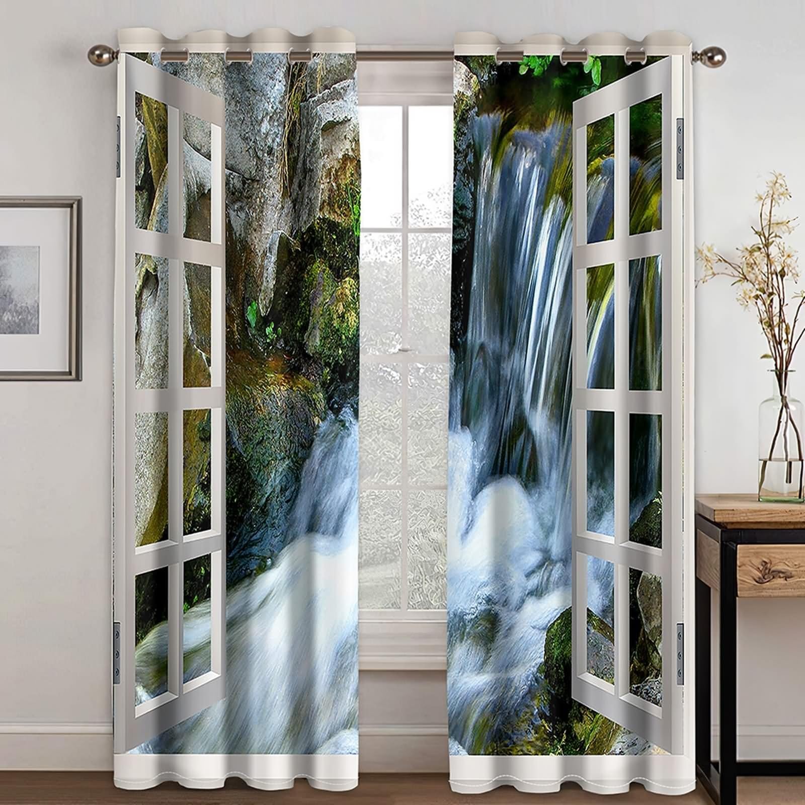Rideau Fenetre Boheme, Rideau Fenetre Salle de Bain Multicolore Cadre de Fenêtre avec Paysage de Cascade Polyester 2 Panneaux 214x160cm