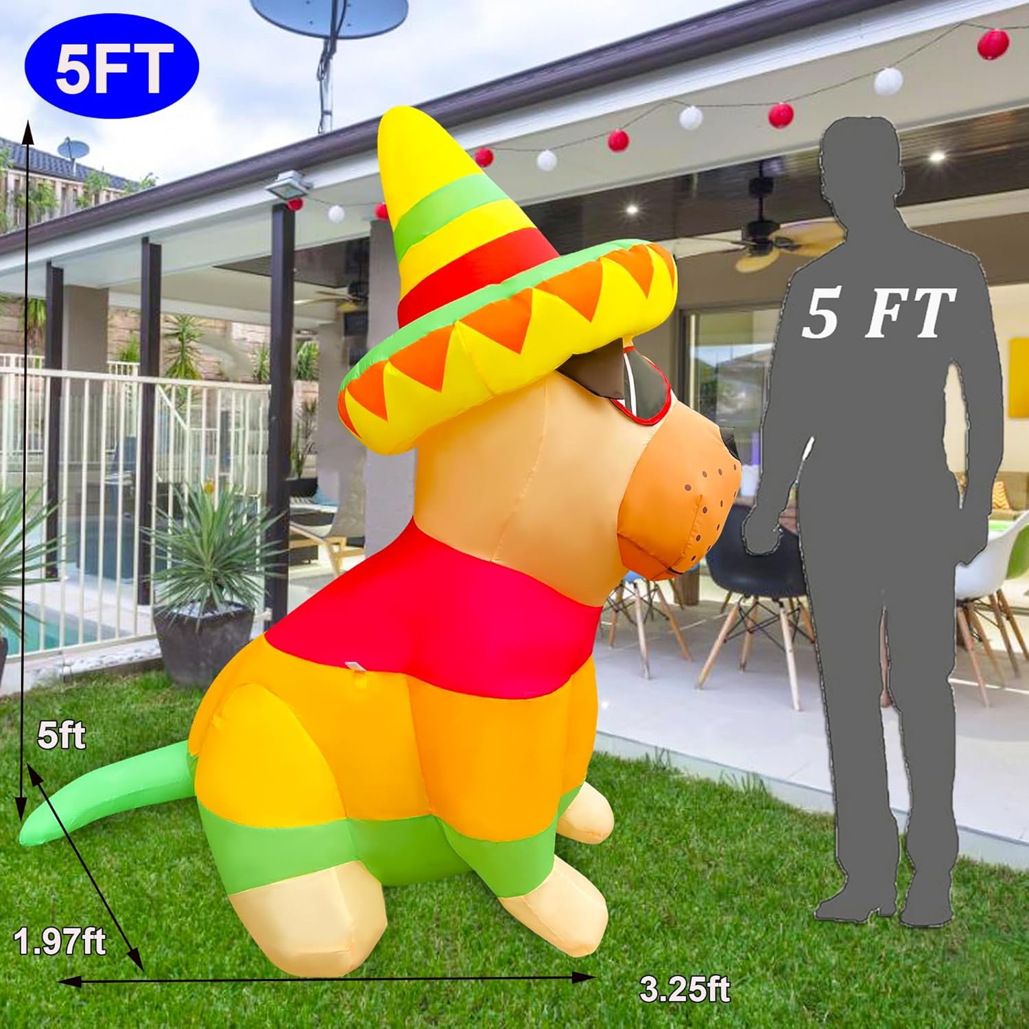 5 FT Cinco De Mayo Inflatables Outdoor Decorations, Bulldog with Taco Sombreros Glasses May 5 Blow up Inflatable Shar Pei Dog for Holiday Party Décor