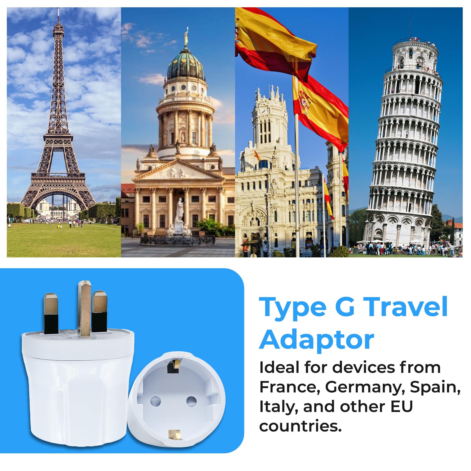 Double Dragon EU to UK Plug Adapter | European 2-Pin to UK 3-Pin Travel Adapter | Schuko & Europlug from France, Germany, Spain, Italy to UK Socket | BS8546 Certified, 13A Fused – White (1 Pack) — view 4