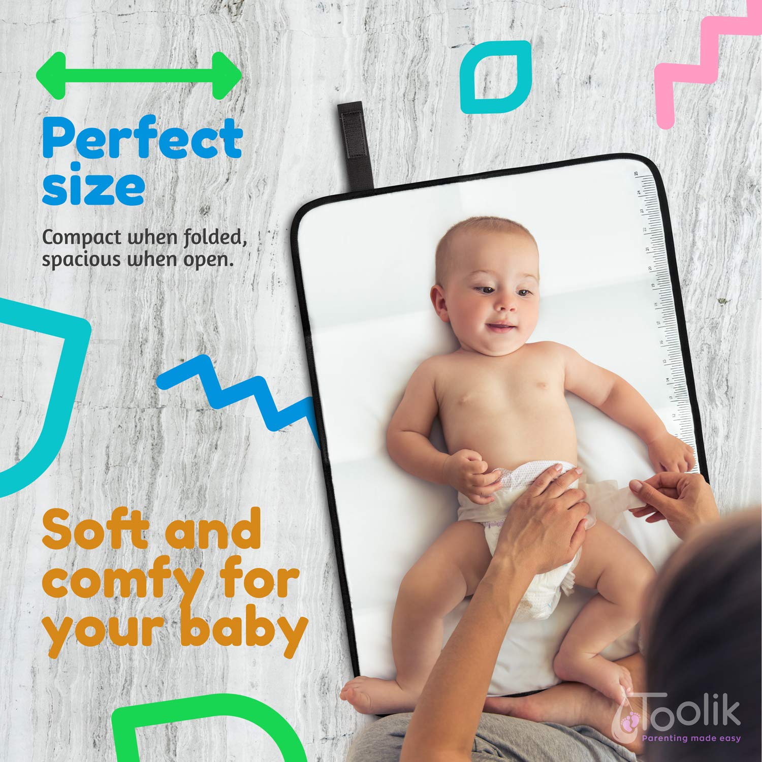 Toolik Baby Diaper Changing Pad, Portable and Foldable Large Waterproof Mat, Black with 3D Cube