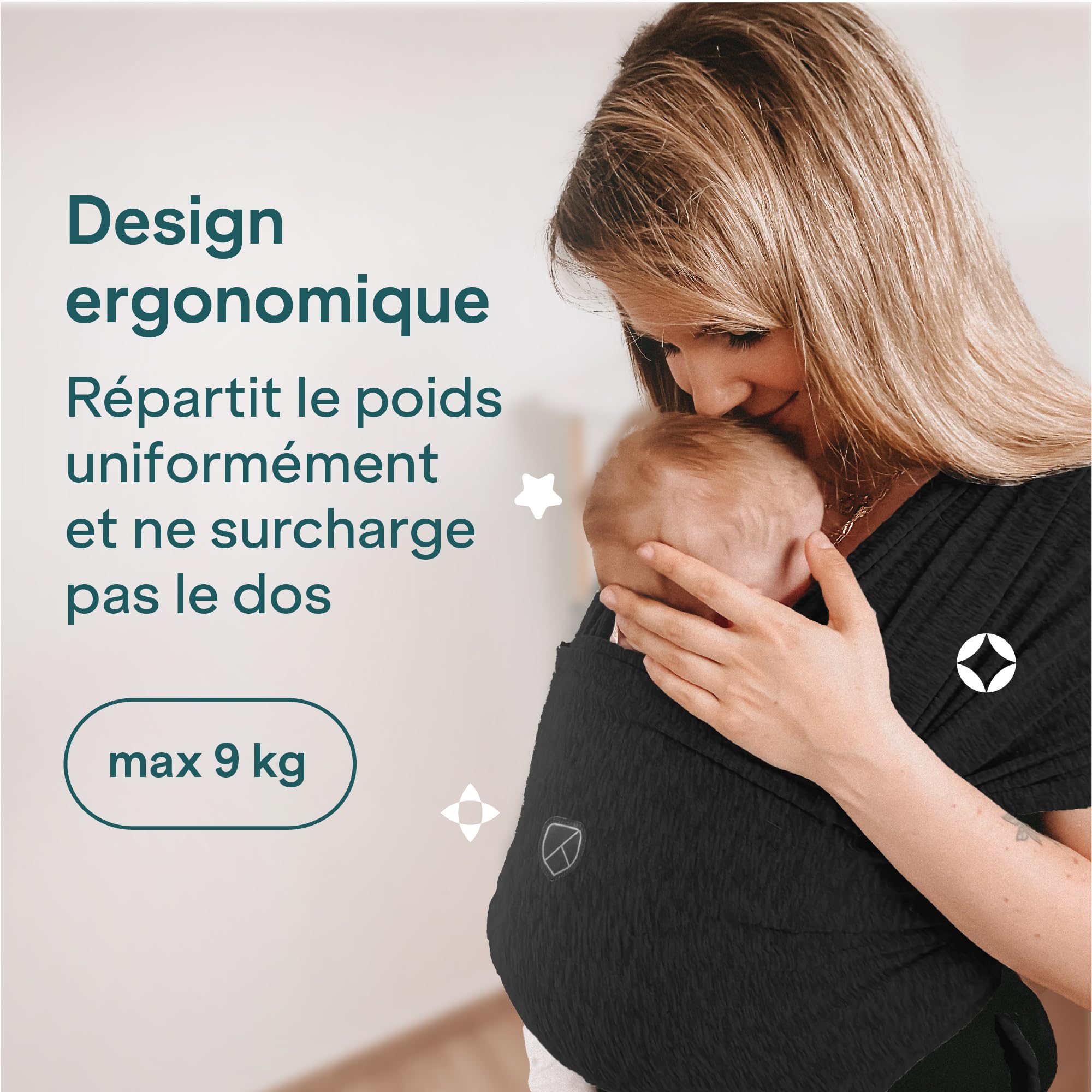 Koala Babycare Une écharpe de portage facile à enfiler, réglable, unisex - Porte-bébé multifonctionnel pour jusqu’à 9 kg - Noir - Design Enregistré KBC®