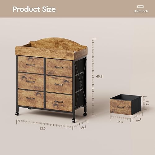 Miniatura 5 de Cambiador de bebé con ruedas, cómoda de bebé de 6 cajones con cambiador, estación y almohadilla impermeable para cambiar pañales, unidad de