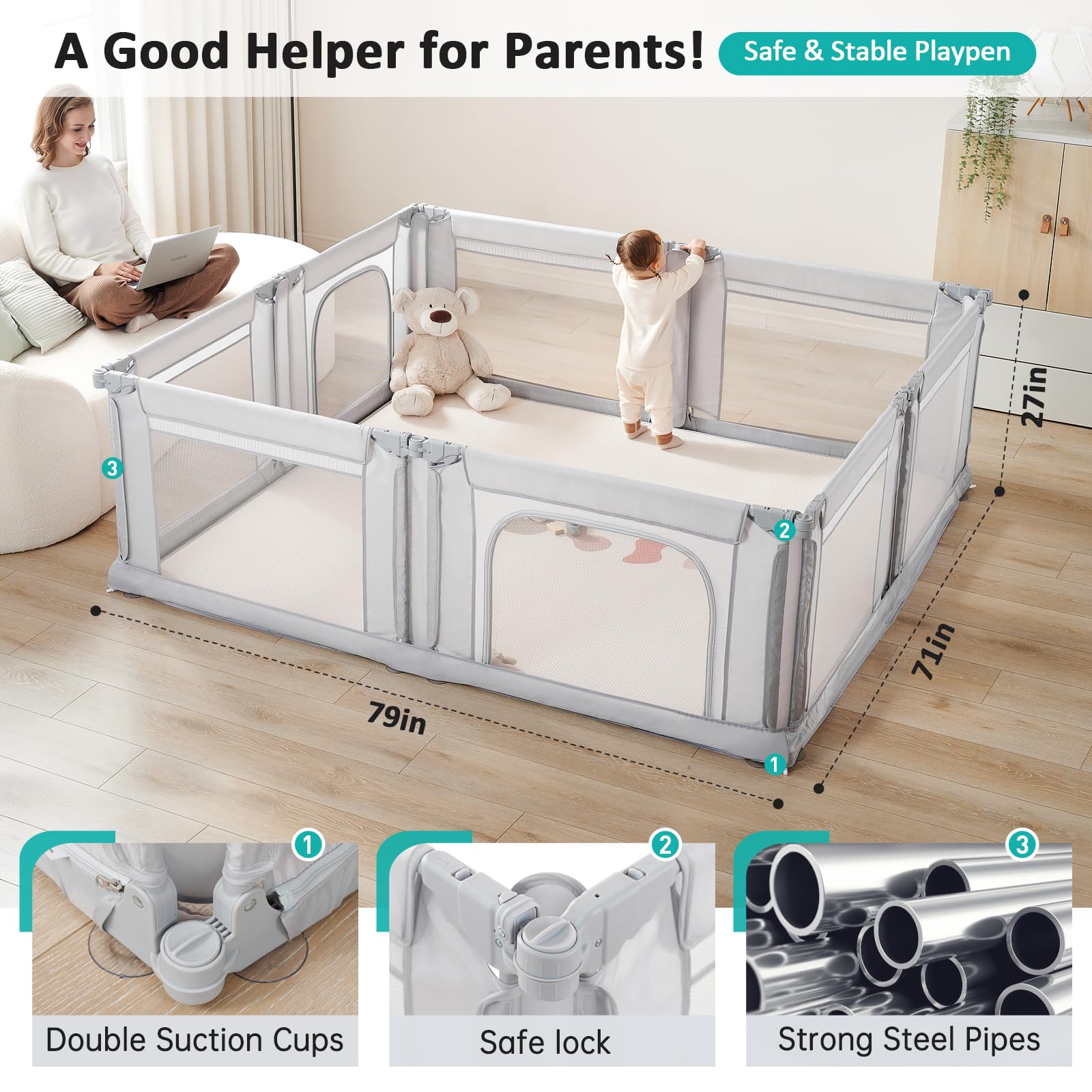 Doradotey Baby Playpen, Shape &Size Adjustable Large Baby Playard for Babies and Toddlers, Foldable Playpen Fence Indoors Play Center Yards, Breathable Mesh Anti-Fall Play Pen 79x71, Light Grey
