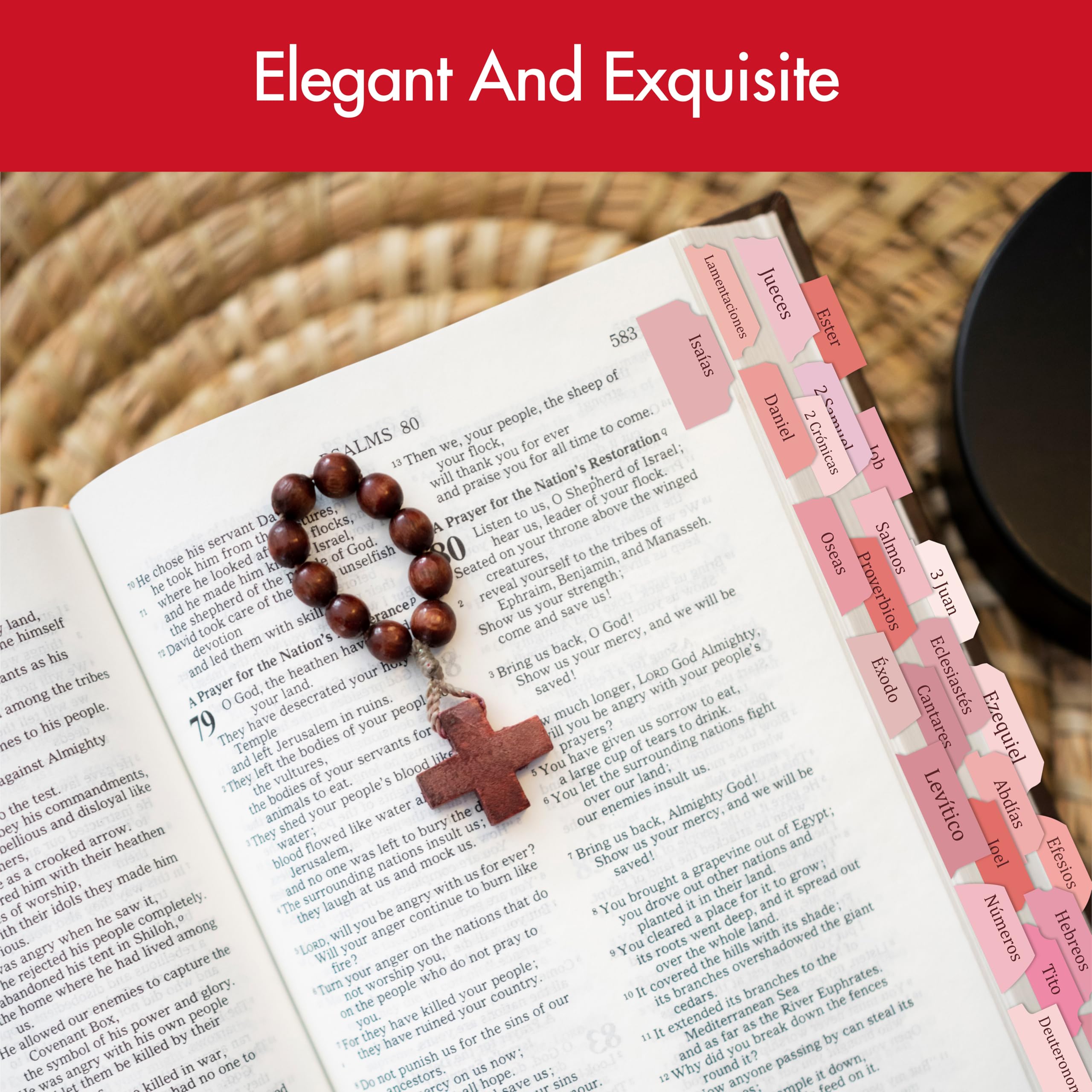 105 Pestañas de Índice de la Biblia en Español, Juego de Pestañas Laminadas, Pestañas Autoadhesivas de la Biblia, 80 Adesivos de Fe Cristiana con una Guía de Alineación (Rosa)