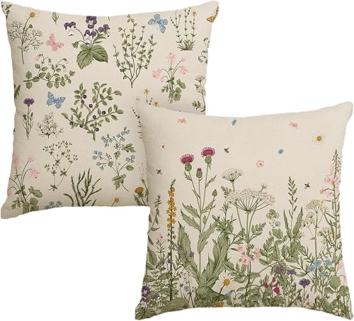 AVOIN colorlife Wildflowers - Juego de 2 fundas de almohada de 18 x 18 pulgadas, diseño de flores primaverales, decoración para sofá