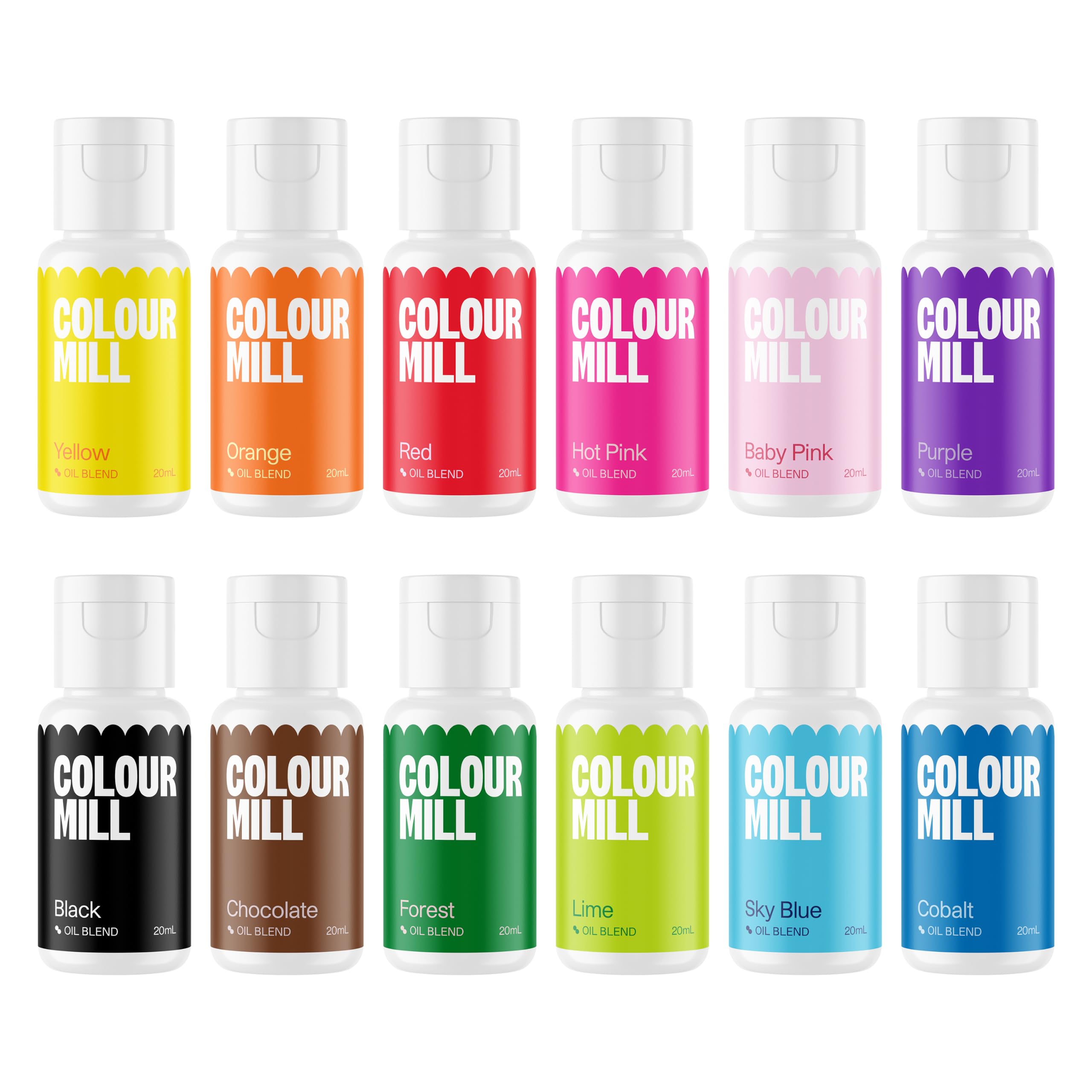 Colour Mill Kickstarter Oil-Based Food Coloring, 20 Milliliters Each of 12 Colors: Baby Pink, Black, Chocolate, Forest, Hot Pink, Lime, Orange, Purple, Red, Royal, Sky Blue and Yellow