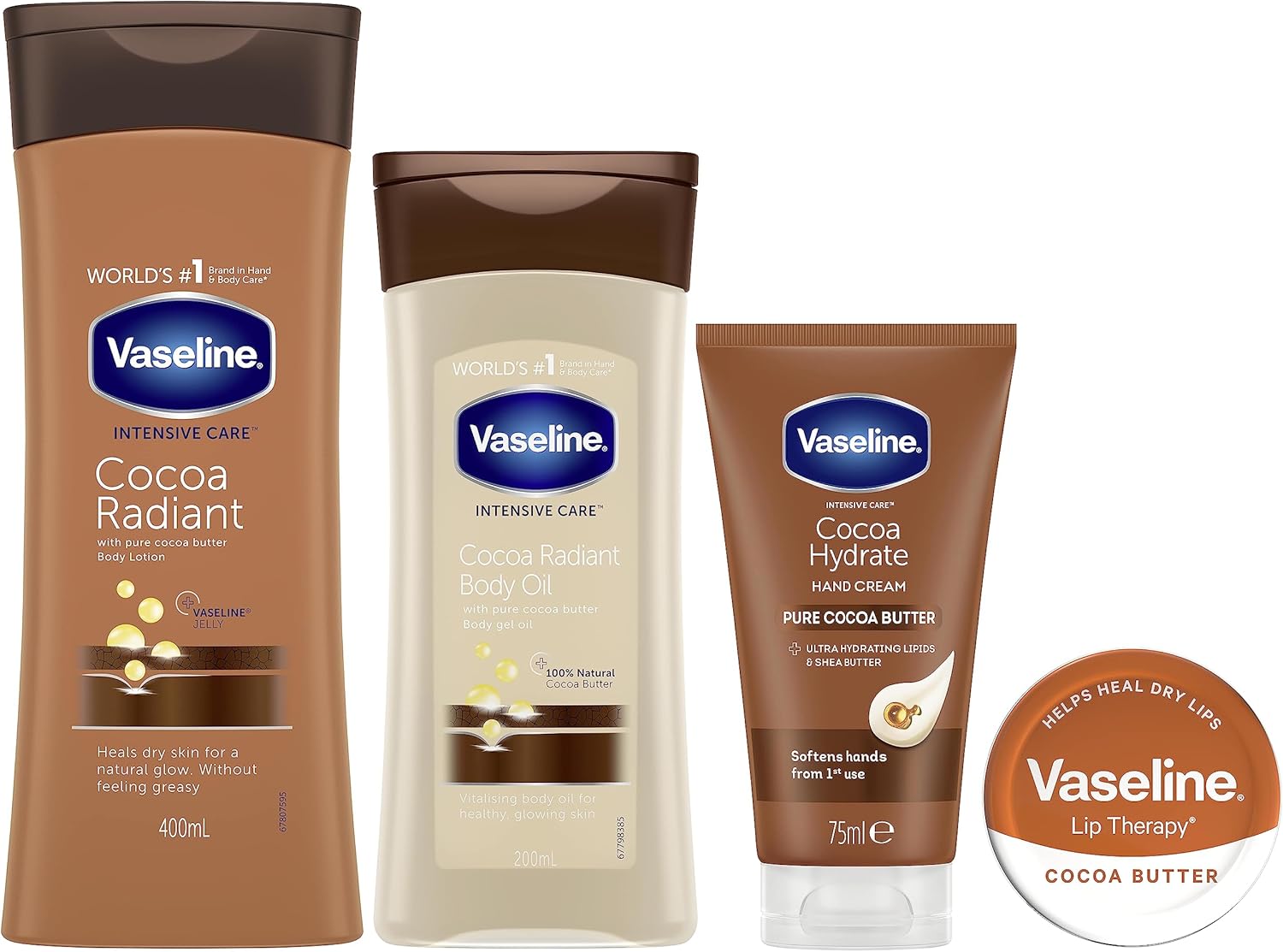 Vaseline Intensive Care Cocoa Radiant Body Lotion & Oil, Healthy Hands & Lip Therapy Regime Bundle 4 Piece