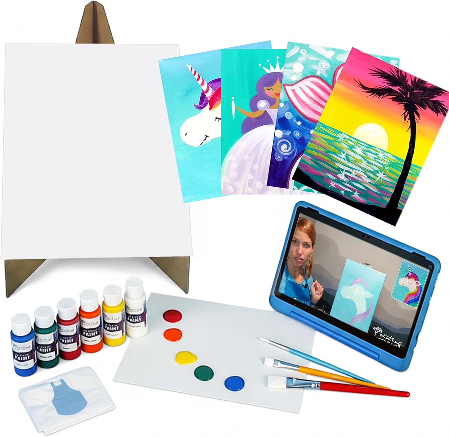 Painting to Gogh – Magic Sparkle Bundle – 4-in-1 Kids Painting Kit – 4 Canvases, Set of 3 Brushes, Acrylic Paint, Easels, Palettes, Aprons & Step-by-Step Tutorials – Fun Art Set for Kids –Ages 6 to 12