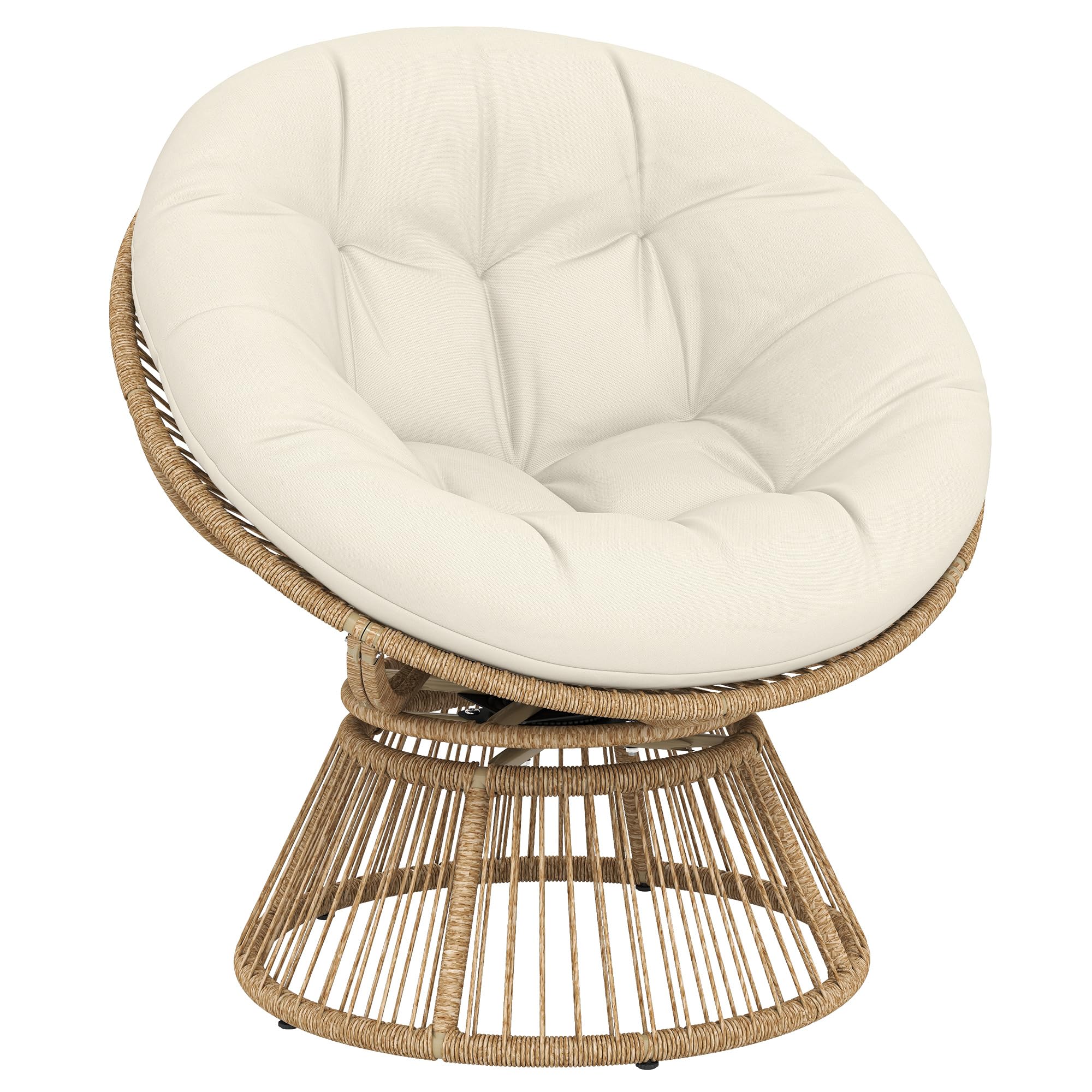 Outsunny Fauteuil Papasan Pivotant 360° avec Coussin Moelleux 12cm Fauteuil de Jardin en Polyrotin et Acier Siège Rond Relaxation pour Salon, Terrasse et Balcon Naturel