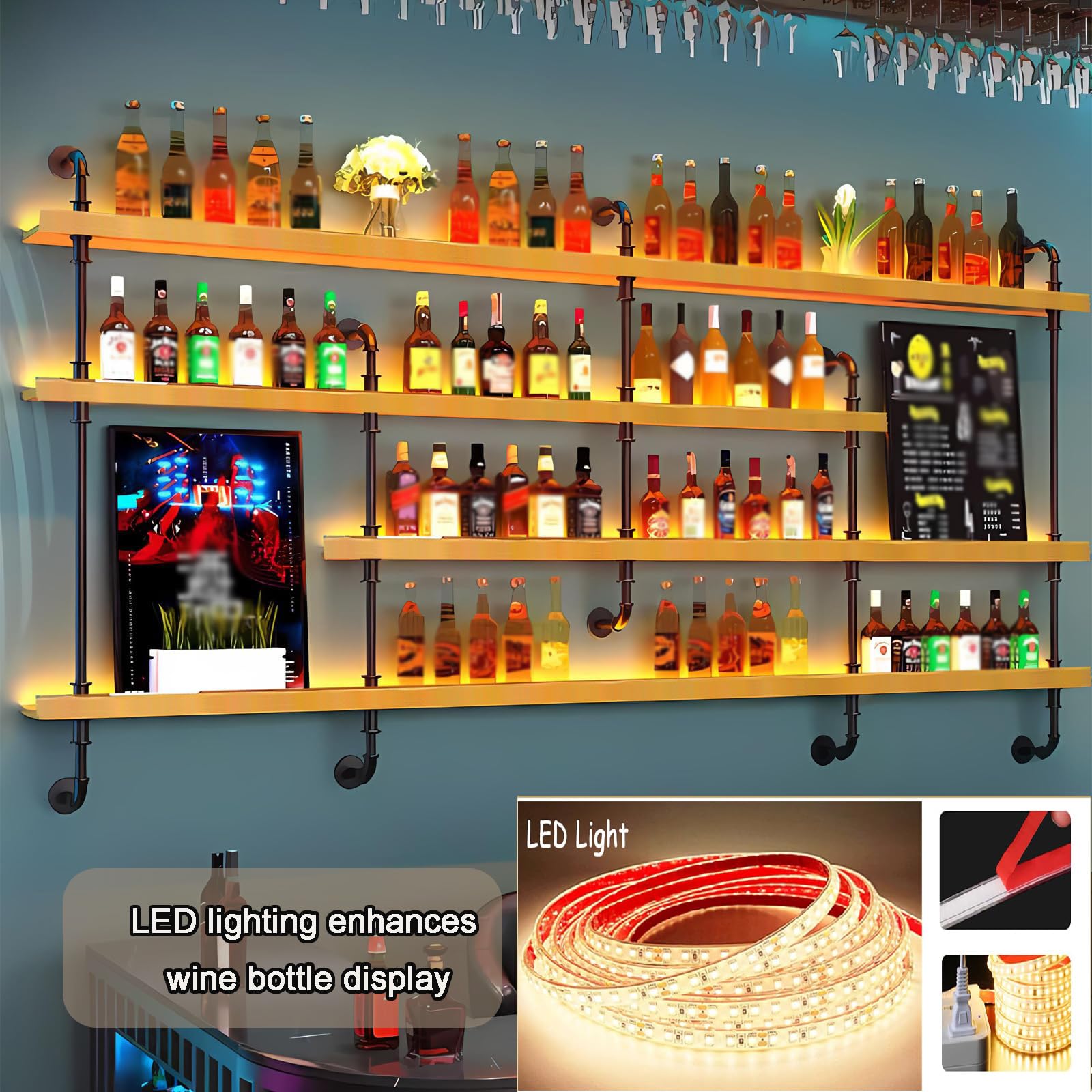 Estante de Vino montado en la Pared con luz, 4 Modernos estantes de Madera para Botellas de Licor, estantes flotantes, Organizador para Bar y Comedor (150×20×150CM Nuez)
