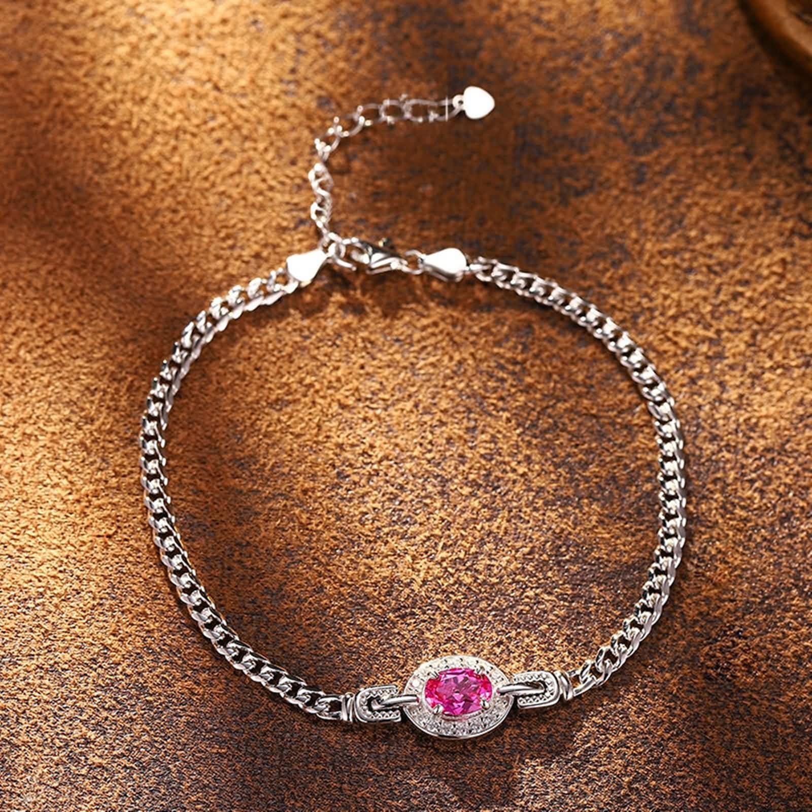 Pulsera de Oro Blanco Mujer 9 Kilates / 14 Kilates / 18 Kilates, Oval con Zafiro Rosa Creado de 1,2 ct y Moissanita, Cadena Extensible 16 CM + 5 CM, Pulseras para Mujer Ajustable Plata Rosa