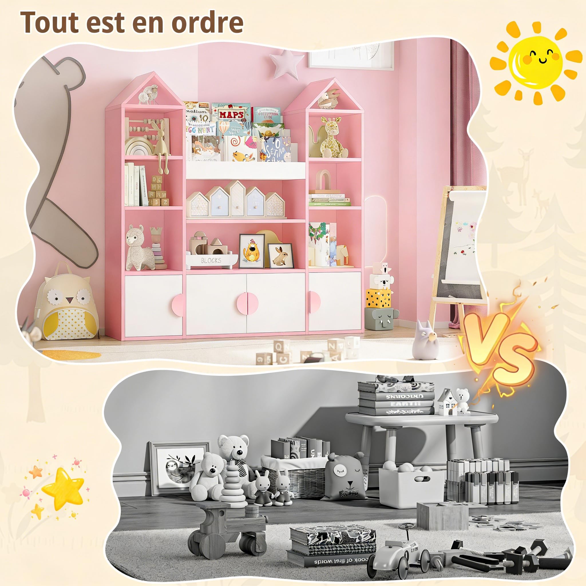 IRONCK Bibliothèque Enfant, Meuble Rangement Jouet, Meuble de Rangement Enfant, Étagère Ouverte à 4 Portes et 10 Étages, Design château, adapté d'enfant, Salon, Salle de Jeux 123.5x33x127cm (Rose)