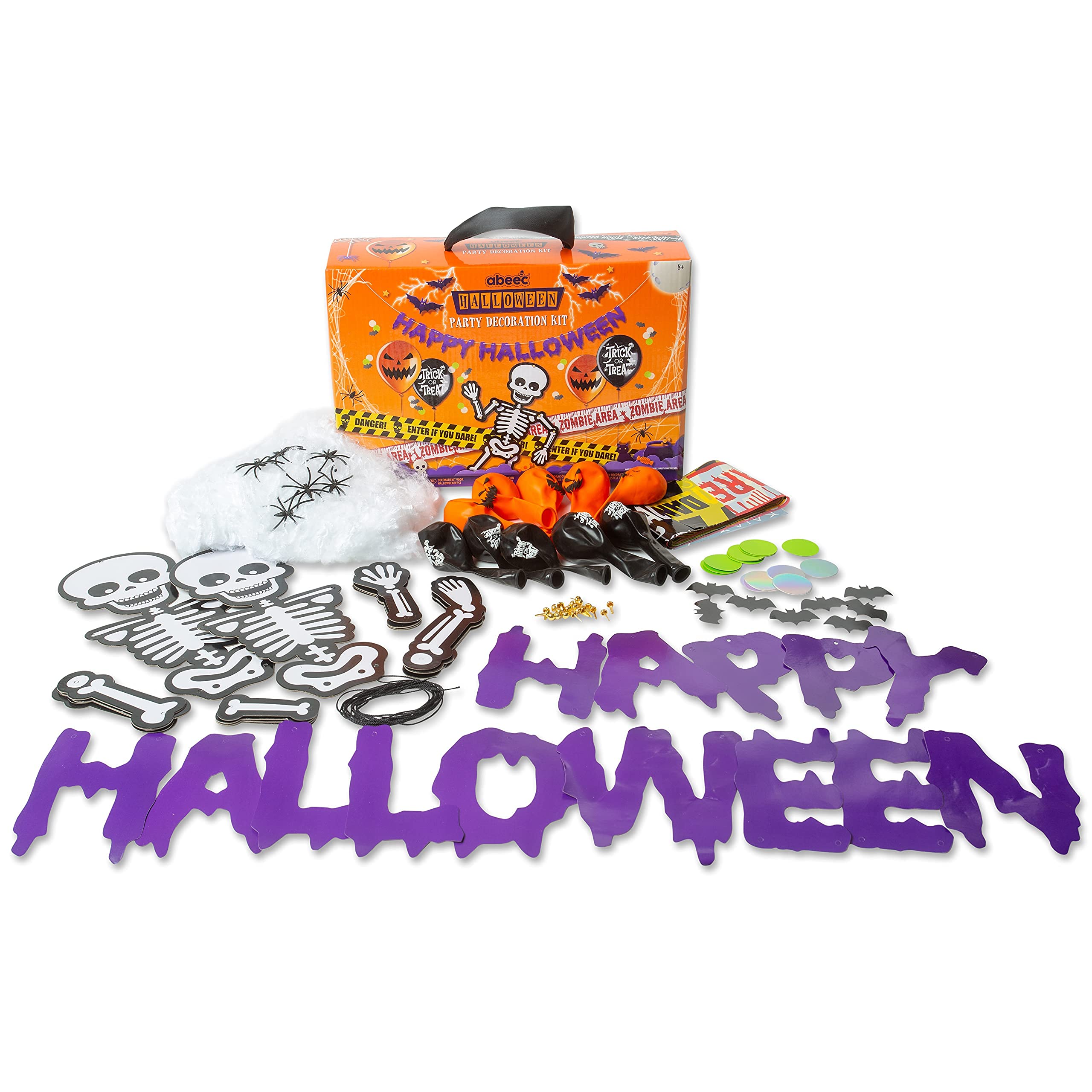 abeec Halloween Decorations – Halloween Decorations Outdoor - Halloween Party Decorations - Contains; Halloween Bunting, Halloween Balloons, Halloween Spider Web & More