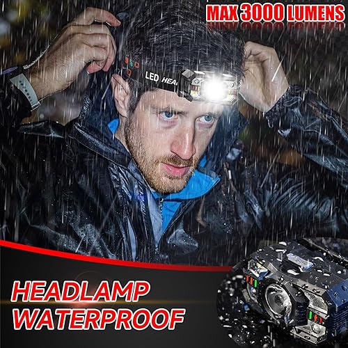 Miniatura 5 de Linterna Frontal Recargable Paquete de 2, 3000 Lúmenes Linterna Frontal Ultraligera Brillante con Luz Blanca y Roja, Faro LED con Sensor de