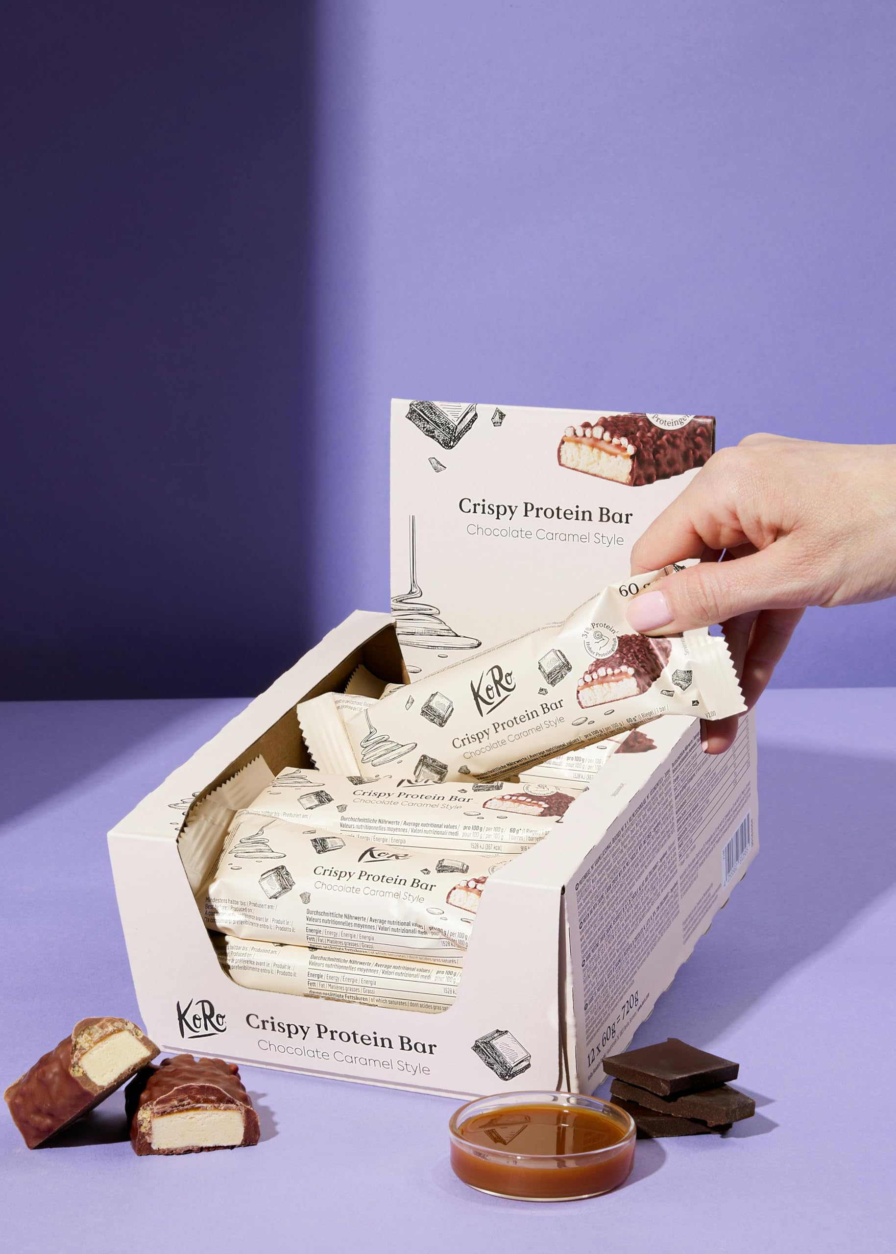 KoRo - Barretta proteica crunchy al cioccolato e caramello | 60 g - Alto contenuto proteico - Senza zuccheri aggiunti* - con cuore al caramello