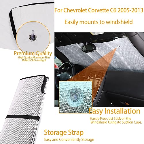 Miniatura 5 de Parasol para parabrisas de automóvil, reflector de rayos UV, compatible con Chevrolet Corvette C6 2005-2013 para ventana delantera, parasol plegable