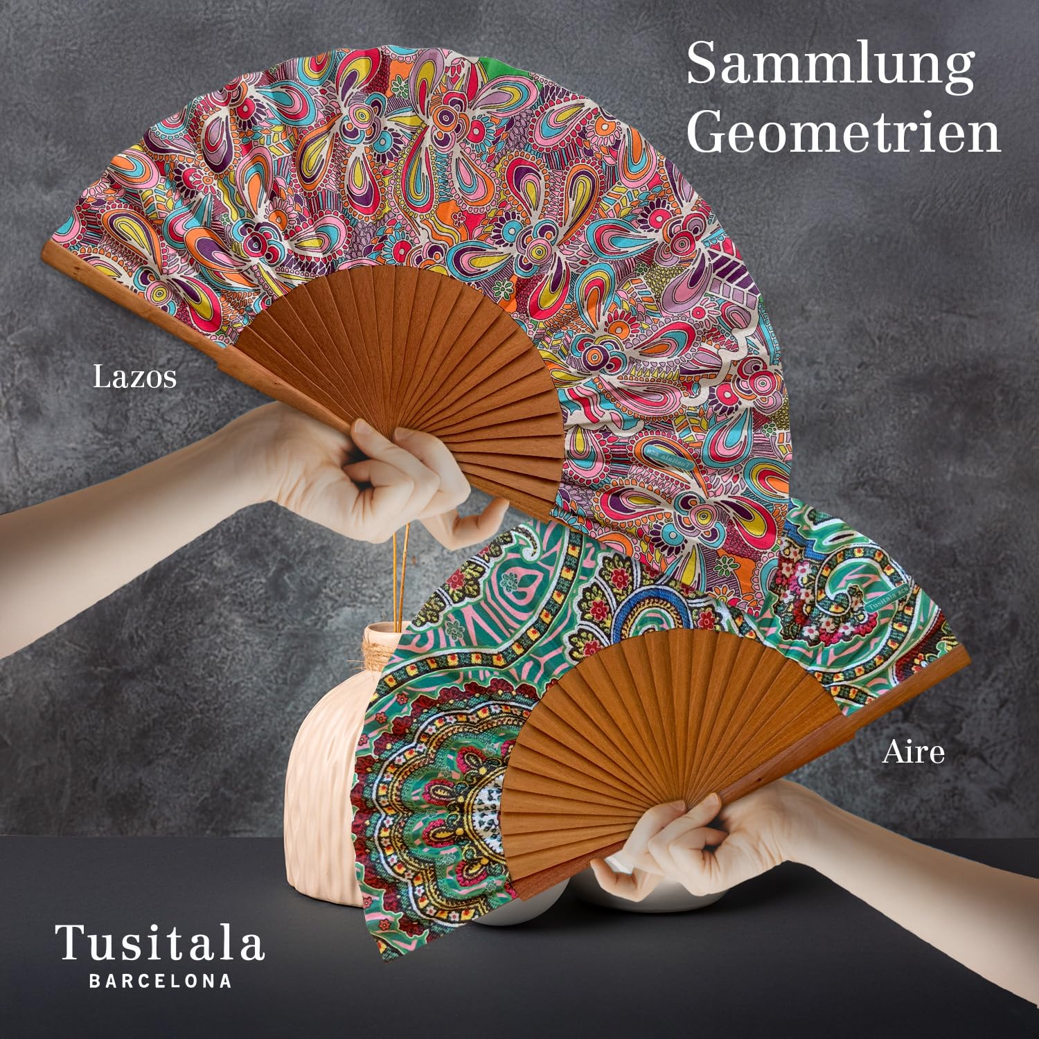 Tusitala Barcelona Handfächer - Spanischer Holz-Baumwoll-Fächer