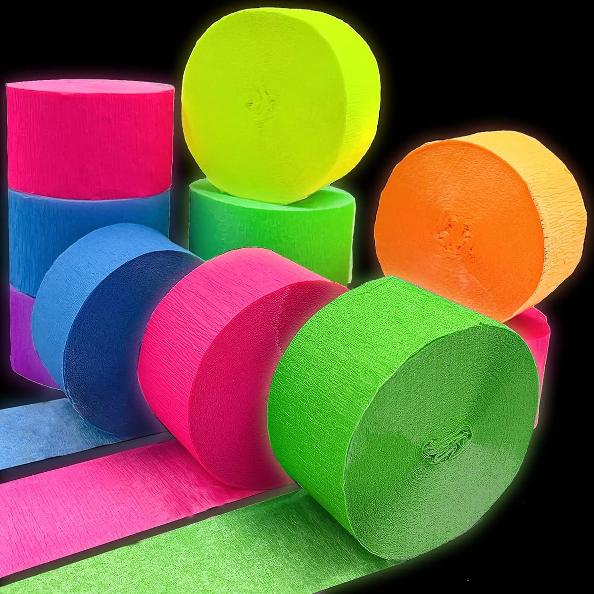 Serpentinas de papel crepé brillante de 600 pies Decoraciones de serpentinas de neón con brillo UV para fiestas Serpentinas de papel de neón fluorescente reactiva con luz negra que brillan en la oscuridad Serpentinas para fiestas Boda Cumpleaños Suministros para fiestas con luz negra
