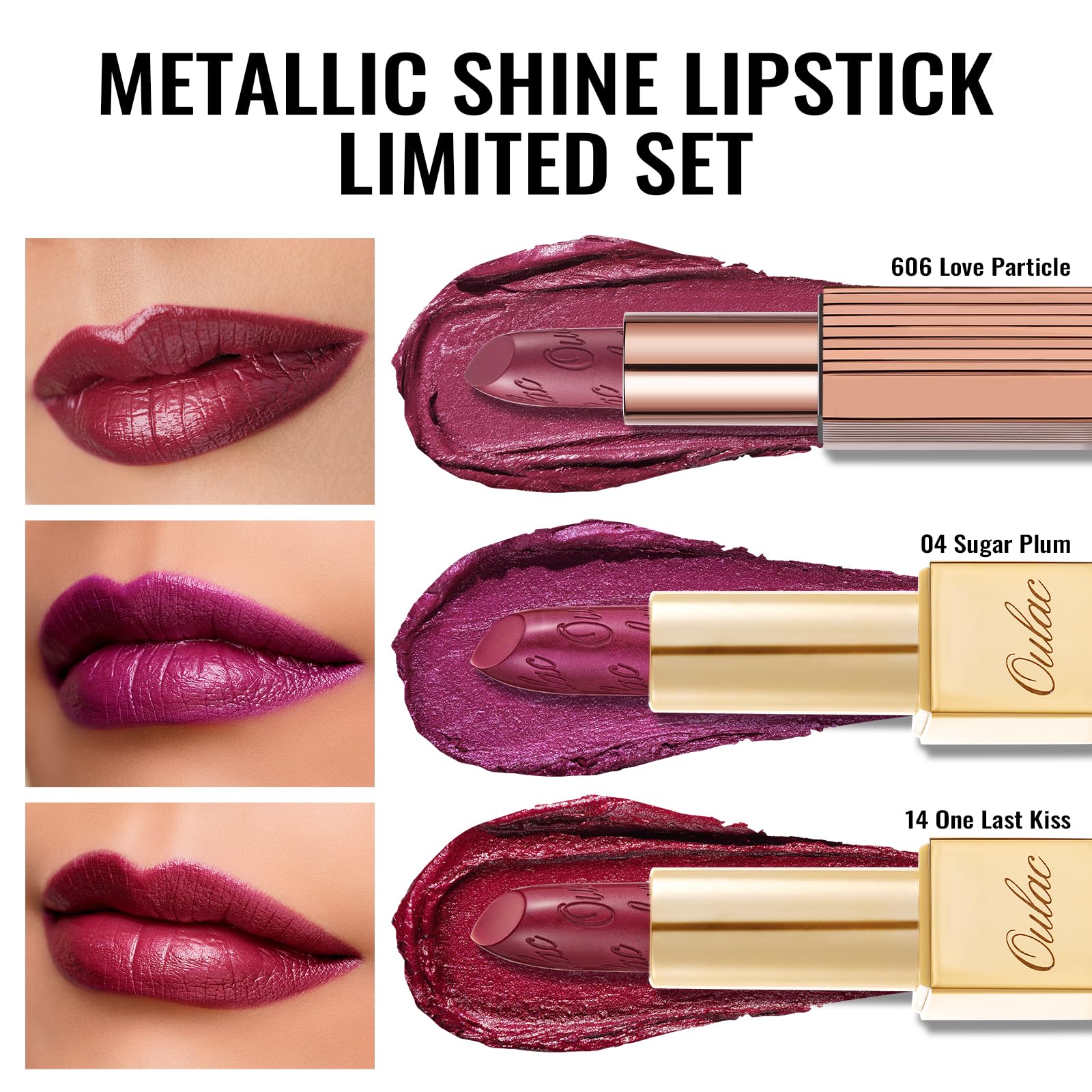 Oulac Burgundy Metallic Shine Lipstick Set, Lip Set for Women Red Lip Color Kit, Creamy Formula, Full Coverage - Image 3