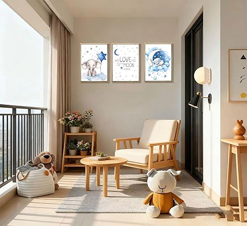 Miniatura 5 de 6 piezas de arte de pared para cuarto de bebé, pinturas de luna de elefante azul, impresión de póster de globo y estrellas, lindo animal para
