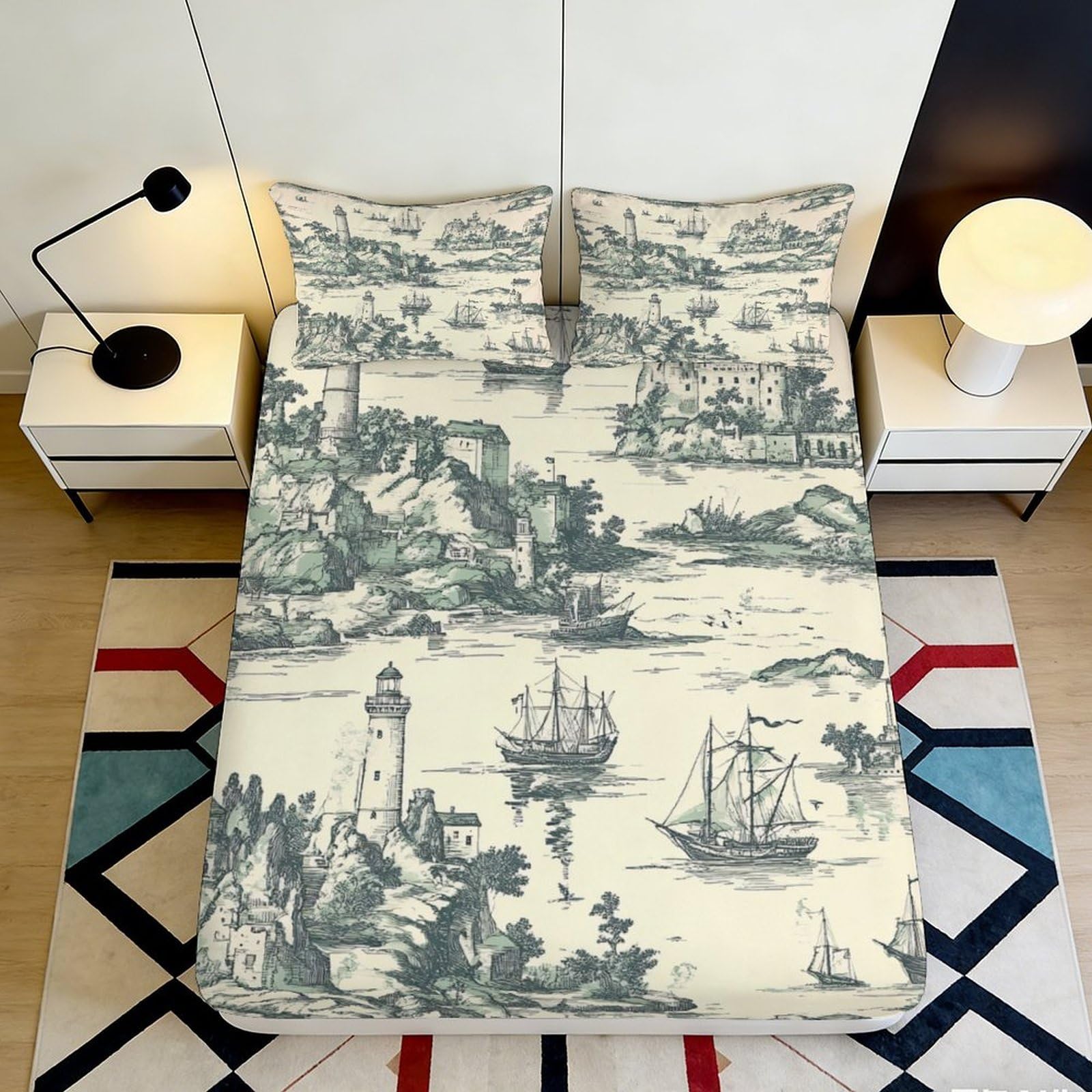3D Printed Maritime Lighthouse Fitted Sheet Microfiber Soft Breathable Sailing Ship Mattress Cover for Bedroom Guest Room Decor 90x200x25cm