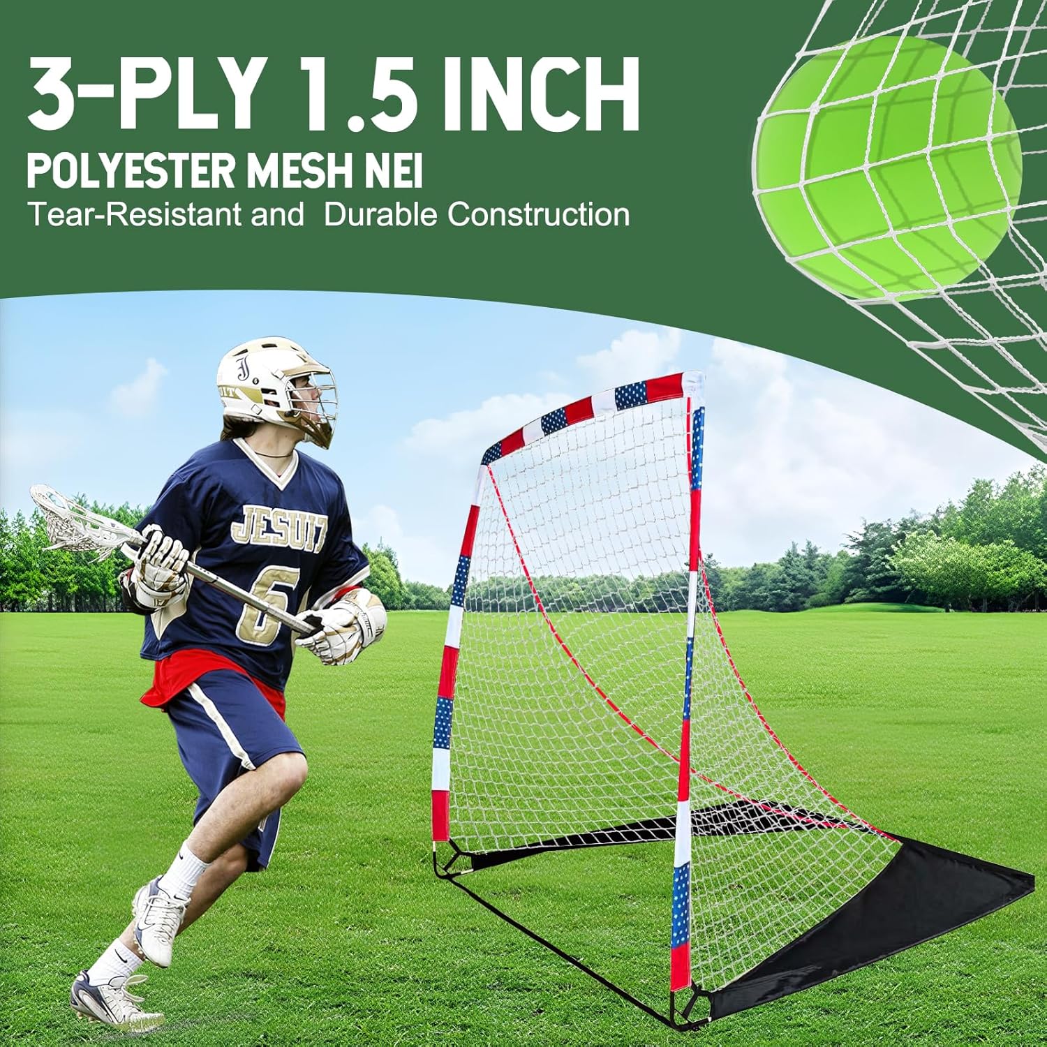 6 x 6 x 6 FT Portable Lacrosse Goal - Fast Install, Fiberglass Frme, Lightweight, Foldable,Pro Lacrosse Goal for Training & Game Play