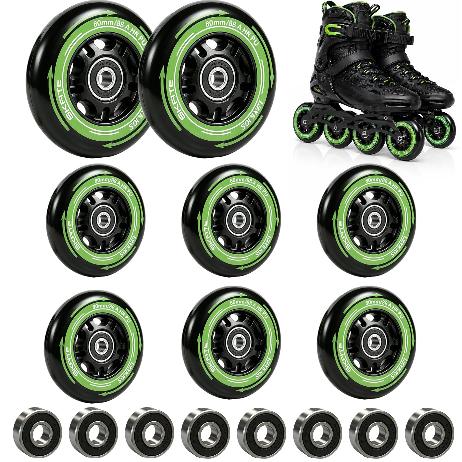 Lot de 8 Roues de Rollers en Ligne, 80mm, Roues de Patinage 88A SHR PU, Roulettes de Roller Avec Roulements ABEC 9, Roues de Rechange pour Roller Pour K2 Gonex Hudora Apollo Inline Skate