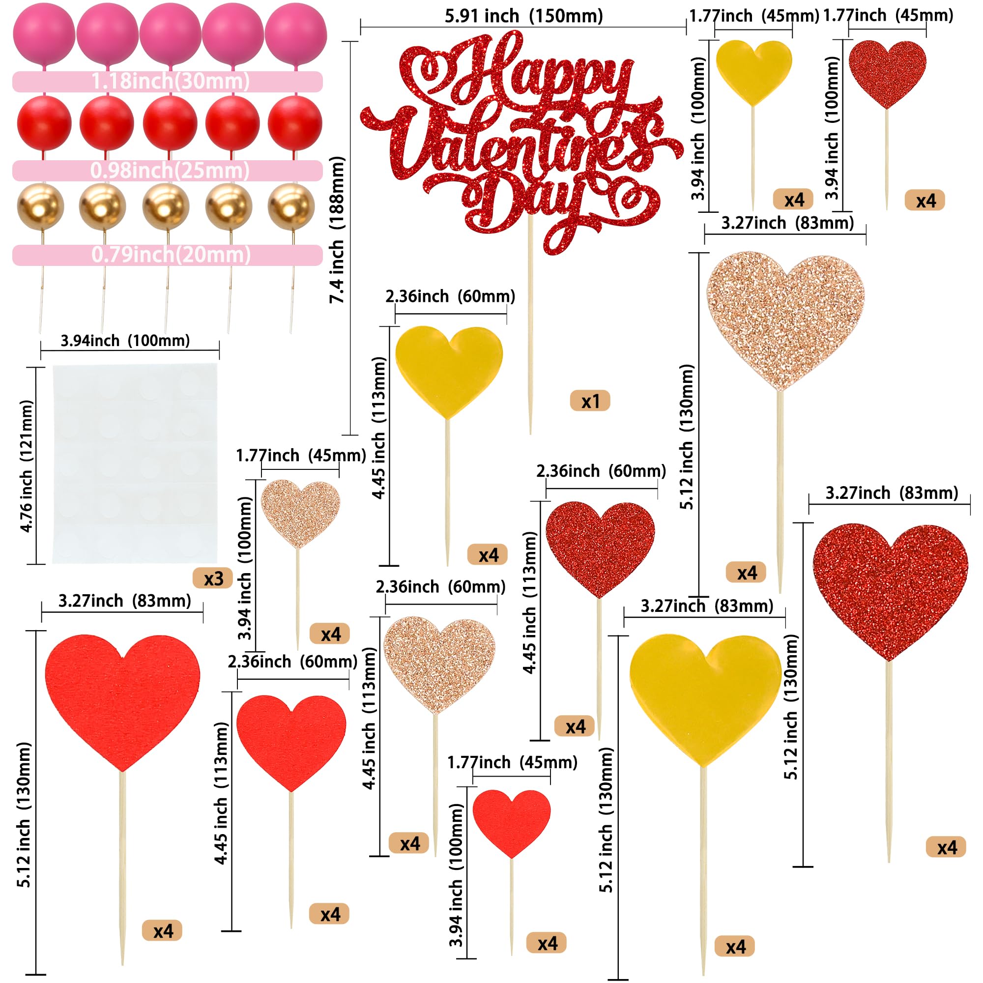 Gyufise Happy Valentine's Day Cake Toppers Red Heart Cupcake Decorations Foam Ball Cake Decorations for Wedding Anniversary Engagement Supplies Multicolor - Image 2