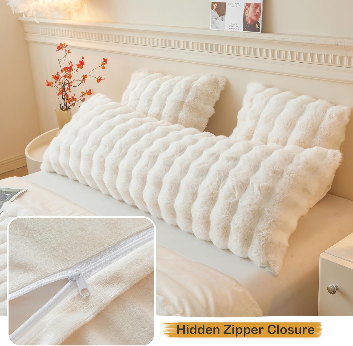 Luxury Ivory Bubble Shaggy Plush Bed Body Pillowcase with Zipper Closure