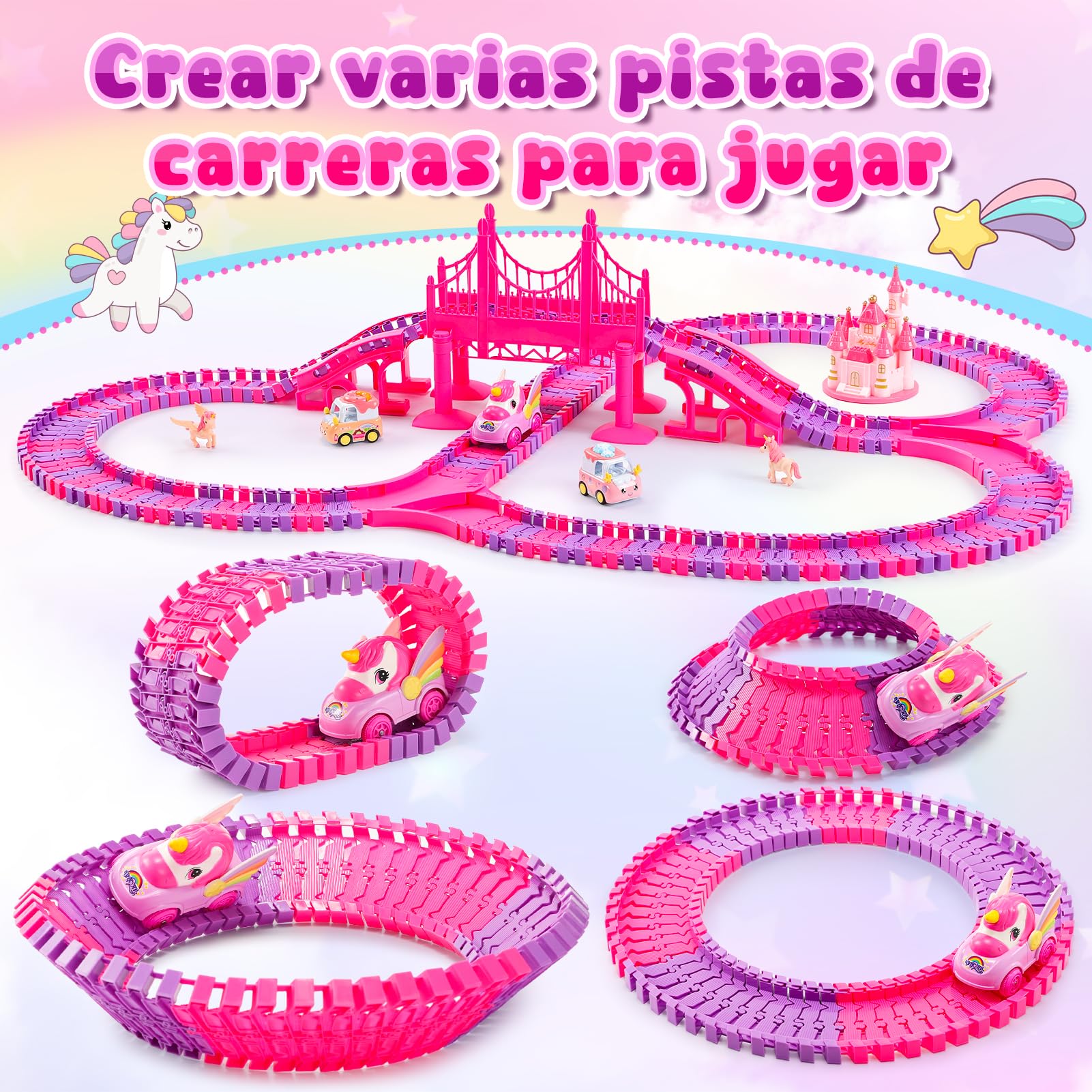 iKidiki Unicornios para Niñas 3 4 5 6 7 8 Años, Pista de Coches para Niños Regalo Juguetes Niña 3-8 Años Pista Coches Flexible Juguetes para Niñas Pistas Tiburon Niña Regalos Cumpleaños Niños