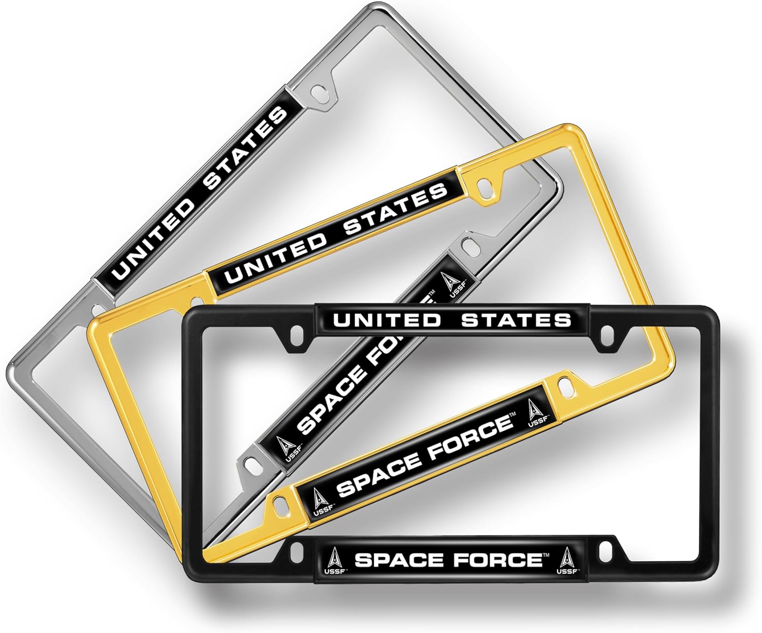[Officially Licensed Product] - U.S. Space Force (USSF) - Domed Custom-Made Personalized Narrow (Thin) Top 4 Hole Metal Car License Plate Frame with Free caps - Black, b/w (Qty: 1 Frame)