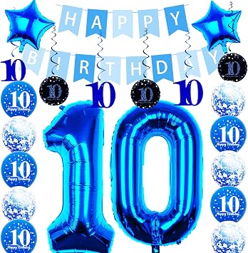 Blue 10th Birthday Decorations for Boys Girls, Number 10 Balloons | 14-balloon kit two 32in Number 10 foil balloons, banner, star, latex & confetti balloons, glitter swirls; air or helium