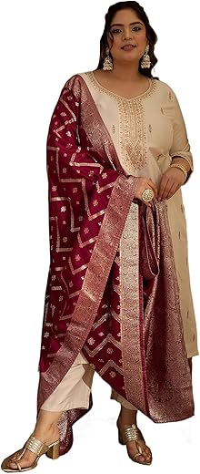 INDO ERA Women's Off White Silk Blend Ethnic Motifs Embroidered Sequinned Straight Kurta &amp; Pant with Dupatta Sets