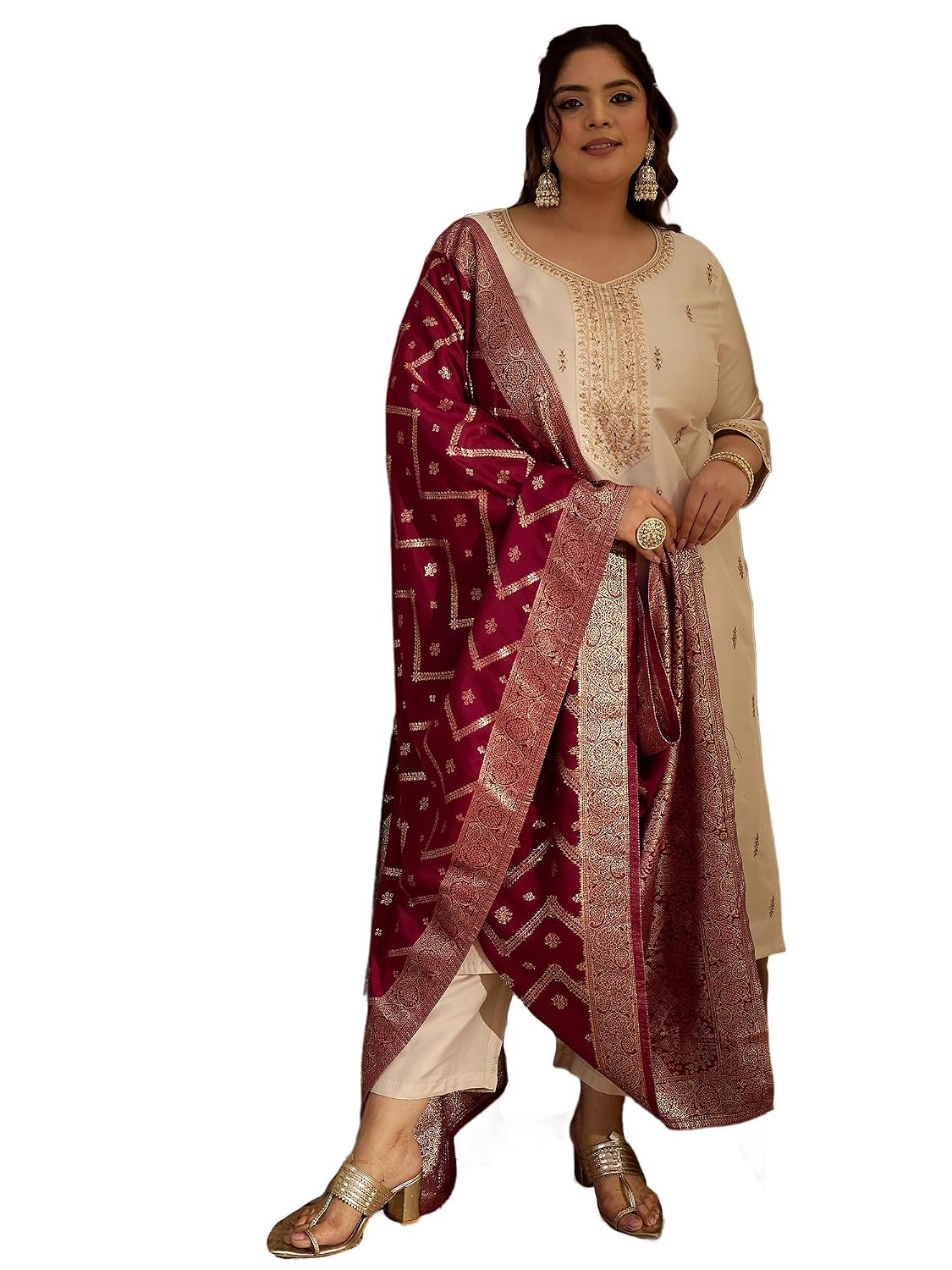INDO ERA Women's Off White Silk Blend Ethnic Motifs Embroidered Sequinned Straight Kurta & Pant with Dupatta Sets