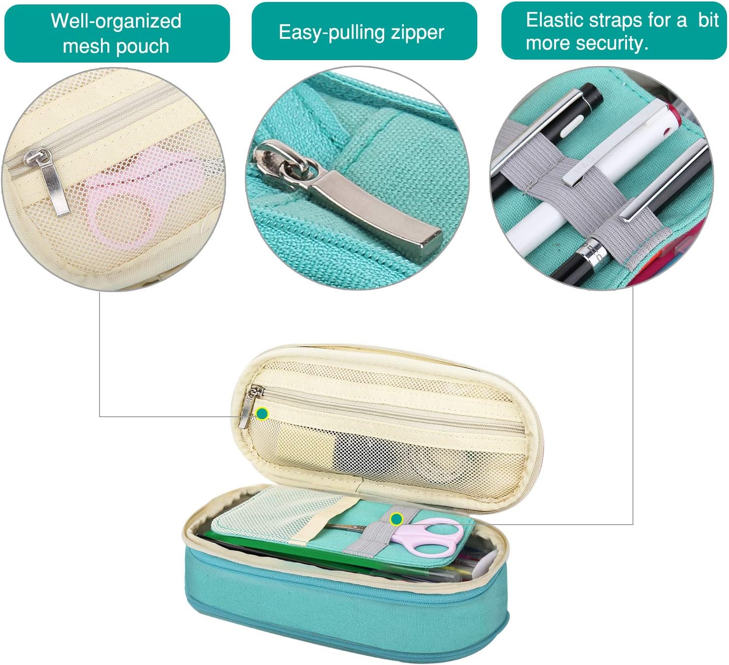 MoKo Large Capacity Pencil Pen Case, Big Capacity Storage Bag Pouch Holder Box, Stationery Organizer with Zippers for Office/School Supplies - Beige & Mint Green