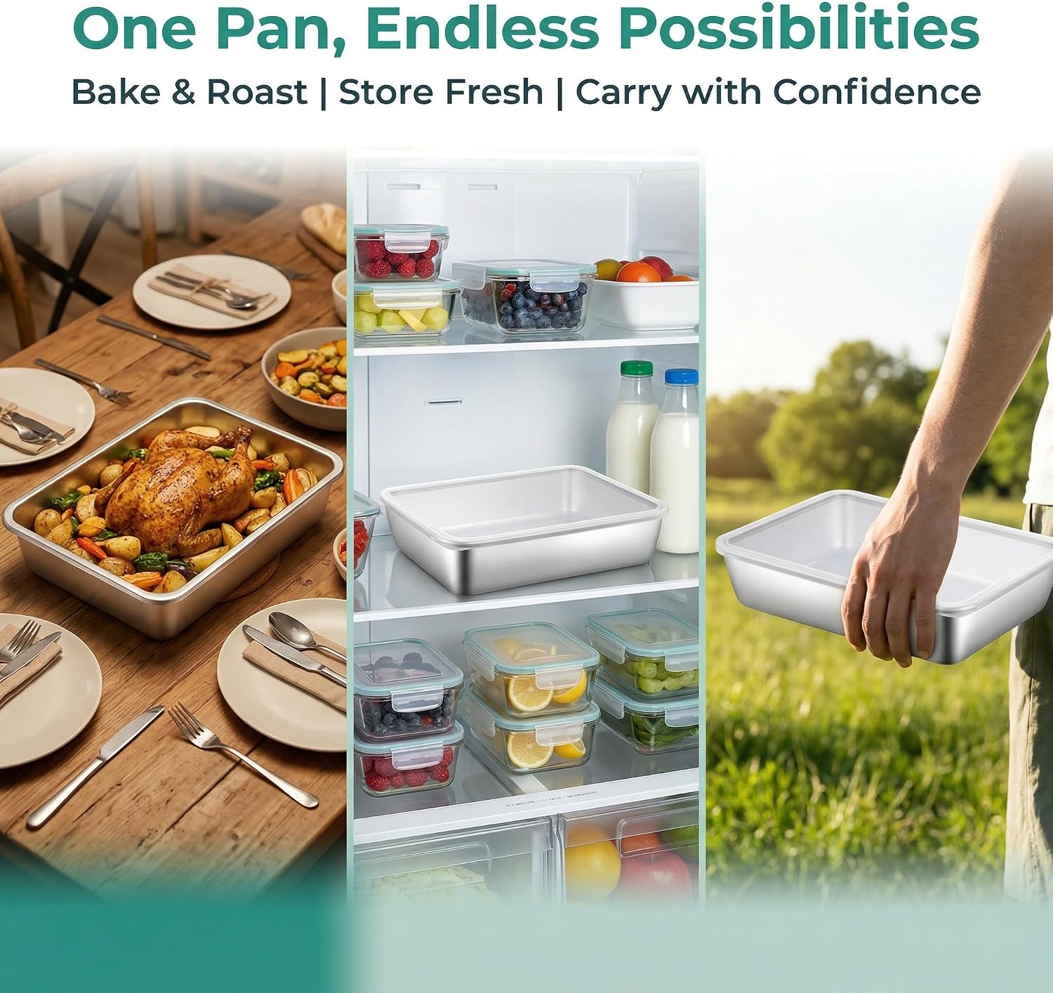 Cake Pan with Lid - Stainless Steel Baking Pan, Rectangle Brownie Lasagna Casserole Dish, Oven & Dishwasher Safe 12×10×2 Inch