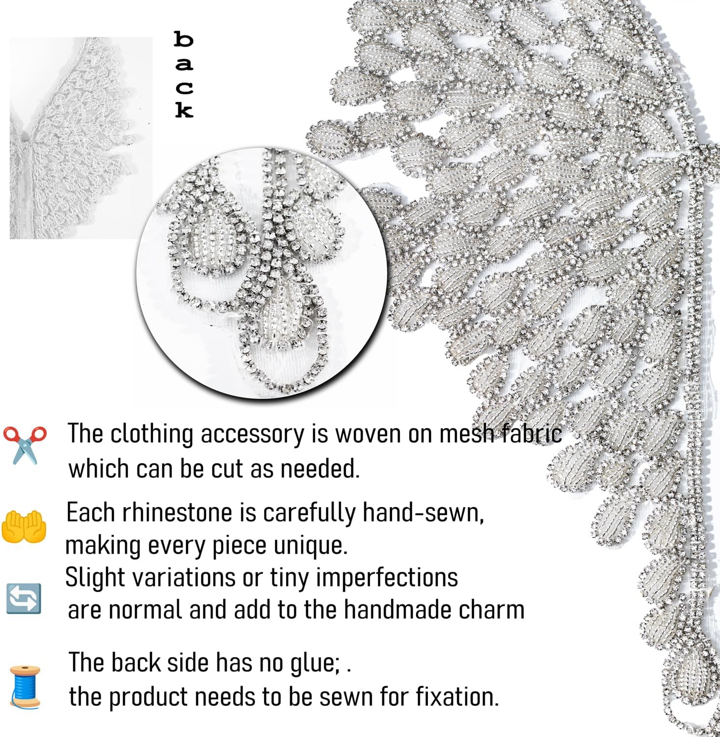Handmade DIY Rhinestones Wings Applique Embellishments,Sewing Sequin Glass Beads Stones Crystal Trim Patches for Bodice,Jacket,Dress,Clothing Accessories Decoration (White)