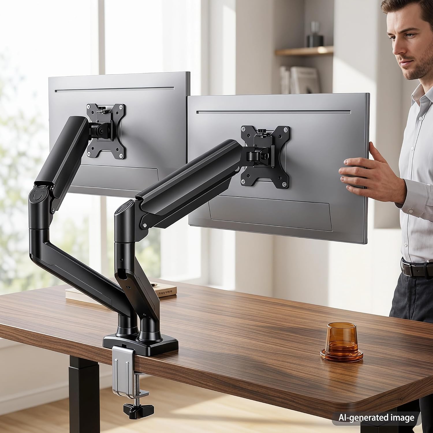Dual Monitor Stand for 2 Screens up to 32 in, Each Arm Holds 22 lbs, Adjustable Dual Monitor Mount with Gas Spring, Tilt Swivel Rotate, VESA 75/100mm for Home & Office