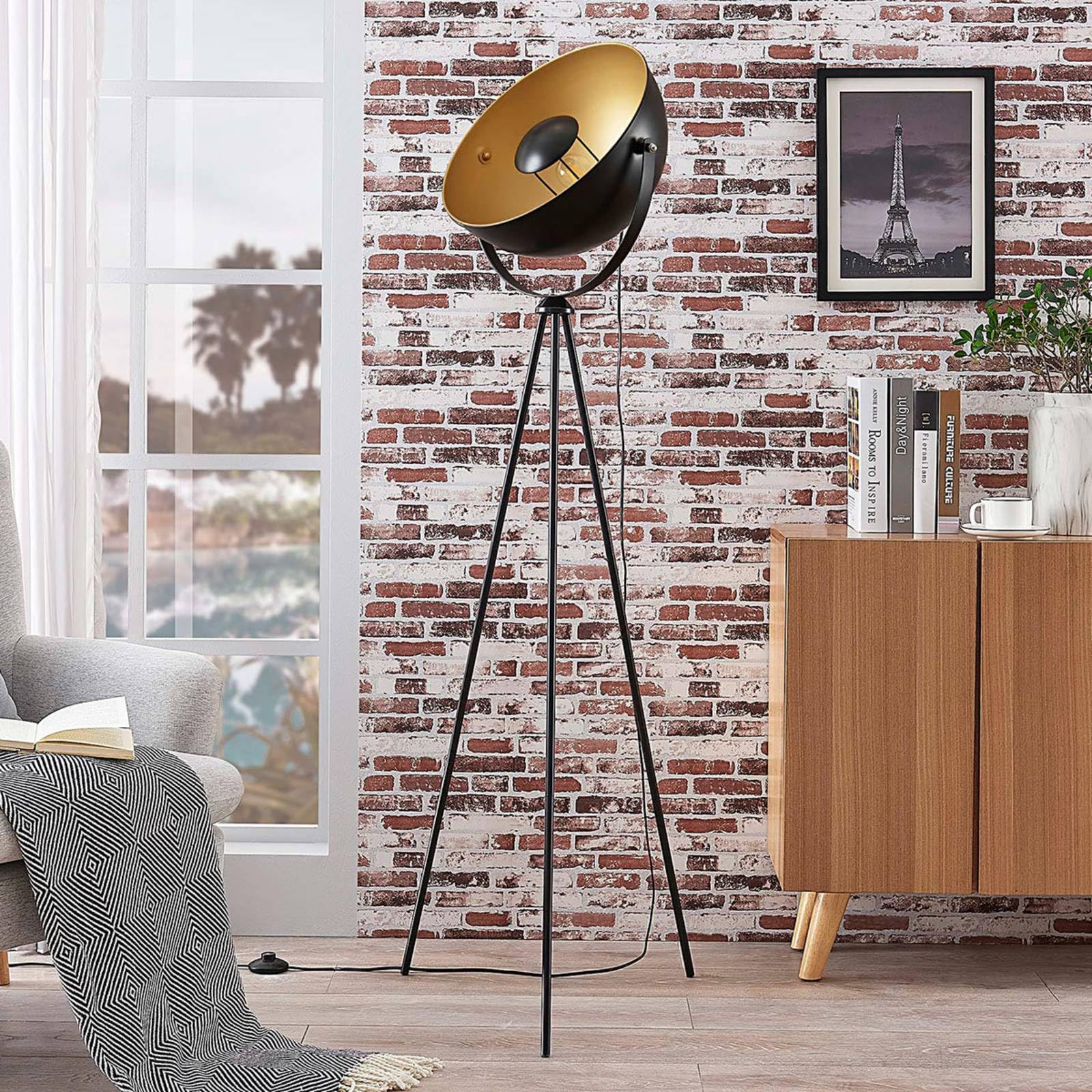 Lindby Lampadaire Trepied Meline (Moderne) en Noir Métal e. a. pour Salon & Salle à manger (1 lampe,à E27), Sur Pied Lampe a de Sol