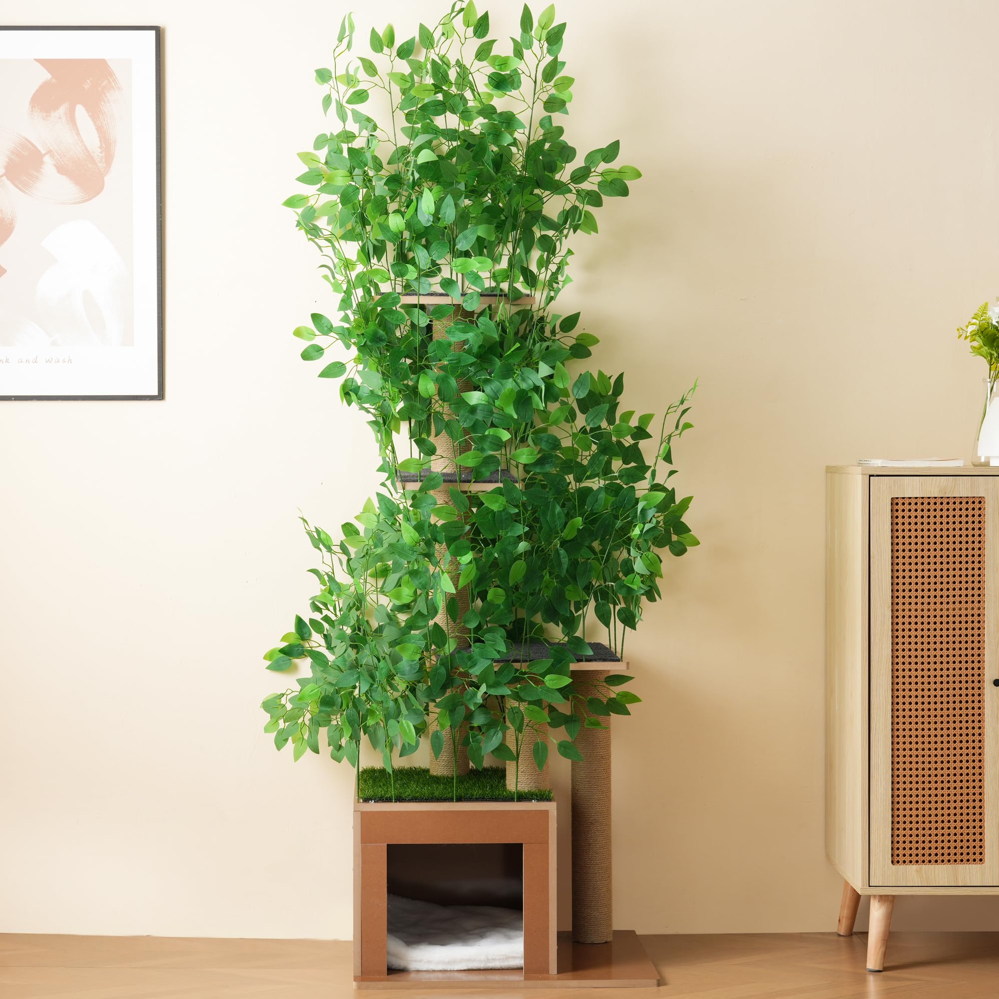 Árbol rascador de 190 cm de alto con 4 plataformas y agujeros para gatos. Material seguro para mascotas, hojas extraíbles, impermeable y resistente a la humedad, adecuado para gatos (verde)