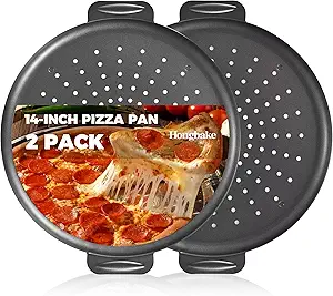 HONGBAKE 2 Pack Pizza Pan 14 Inch with Holes, Rust-Free Nonstick Pizza Pan for Oven, 0.8mm Carbon Steel Perforated Pizza Tray with Wider Handles, Round Baking Sheet for Frozen & Homemade Pizza, Grey