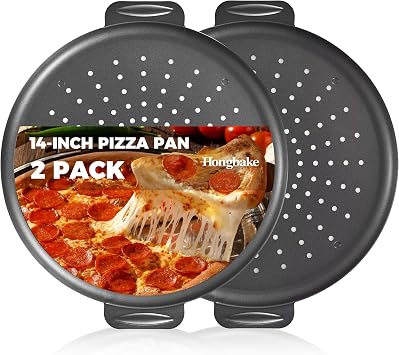 2 Pack Pizza Pan 14 Inch with Holes, Rust-Free Nonstick Pizza Pan for Oven, 0.8mm Carbon Steel Perforated Pizza Tray with Wider Handles, Round Baking Sheet for Frozen & Homemade Pizza, Grey